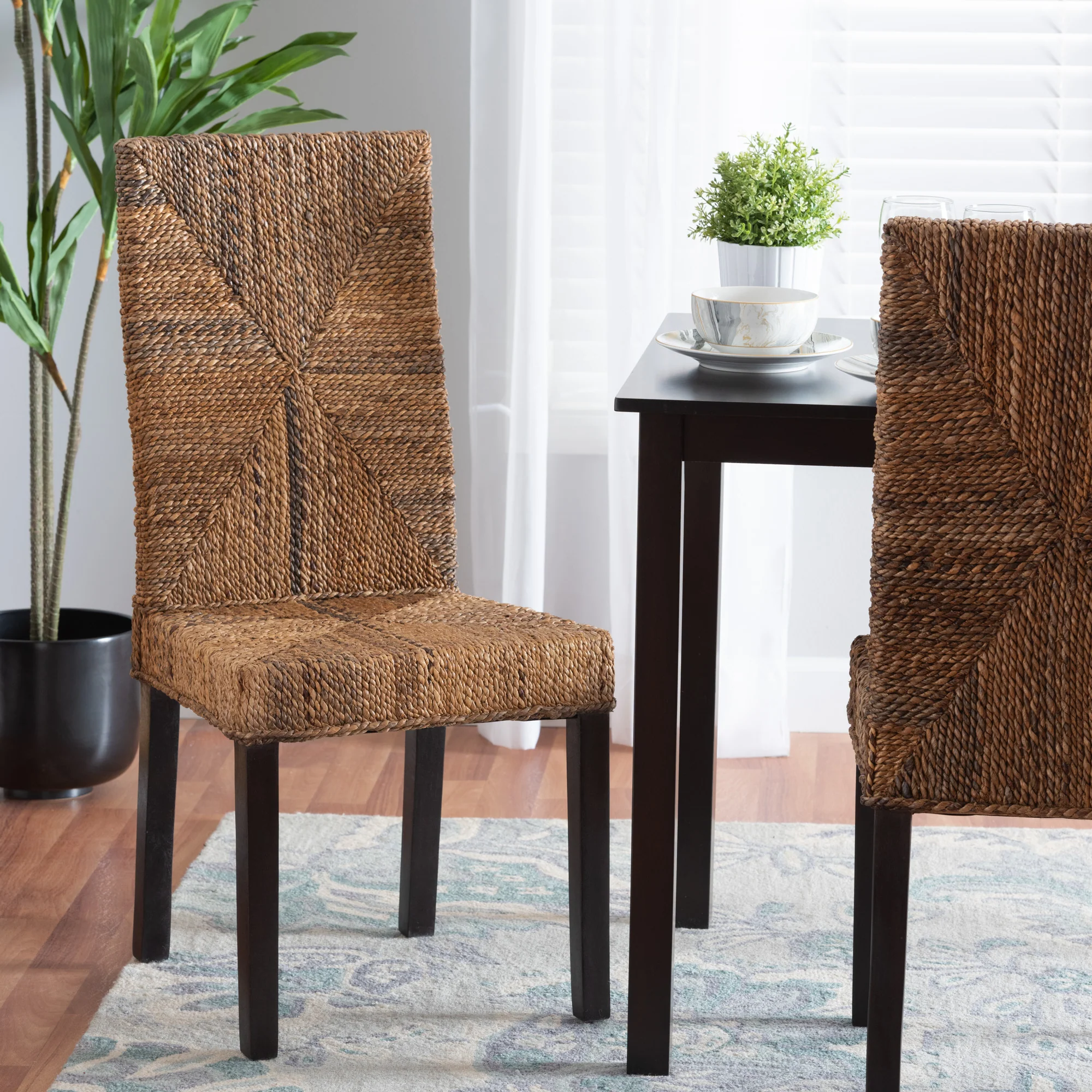 Baxton Studio bali & pari Laymi Modern Bohemian Dark Brown Mahogany Wood and Seagrass Dining Chair