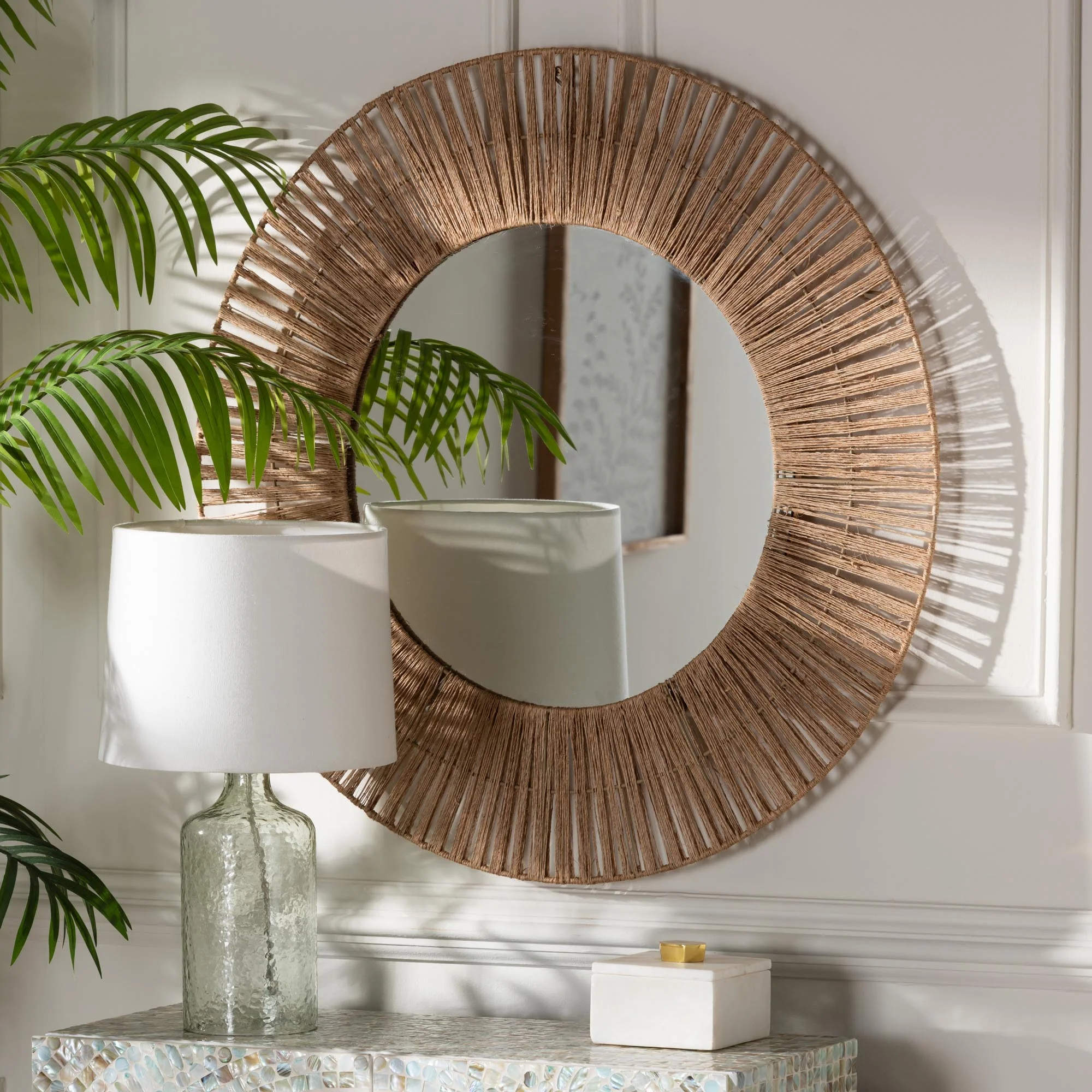 Baxton Studio bali & pari Leala Modern Bohemian Metal and Natural Brown Seagrass Accent Wall Mirror