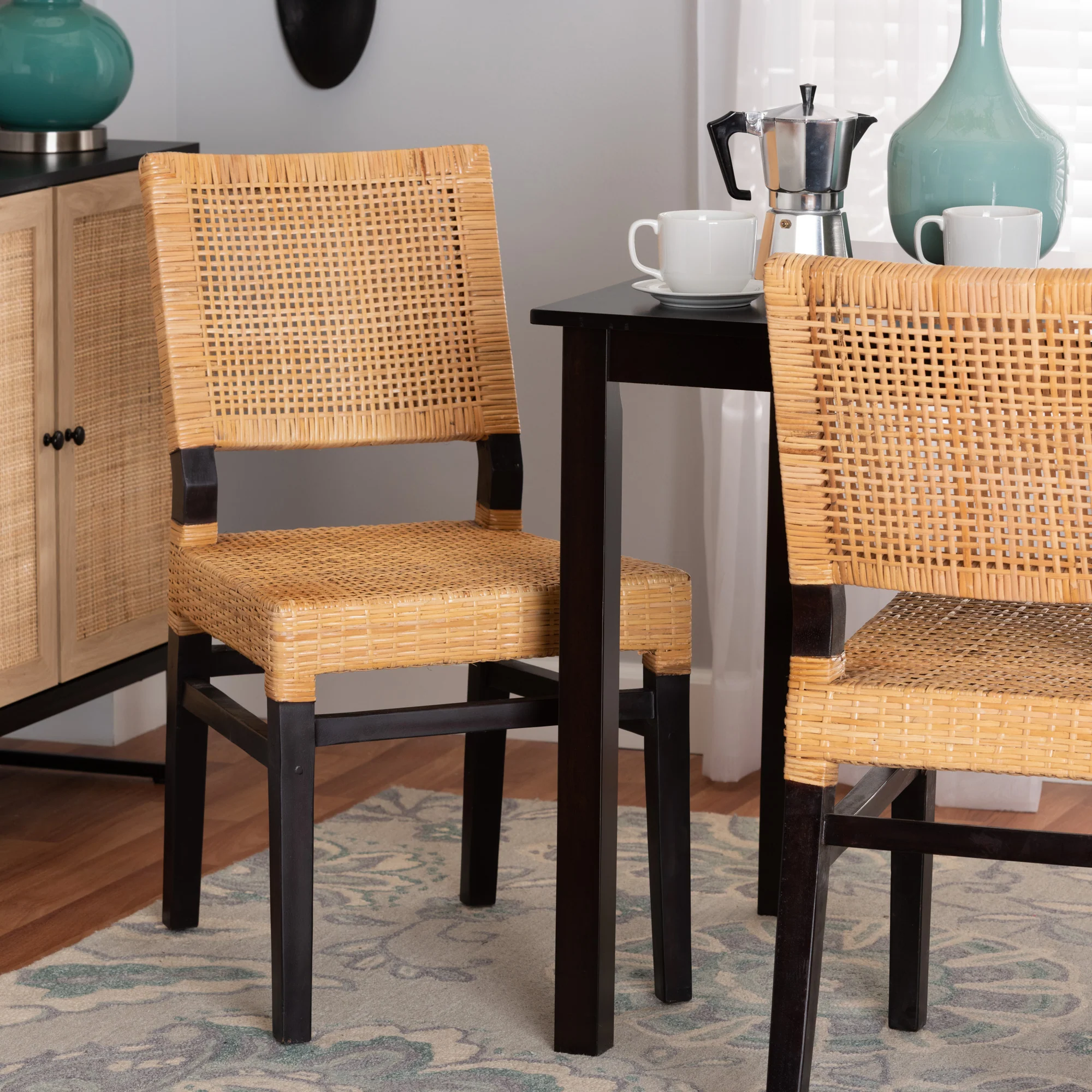 Baxton Studio bali & pari Lesia Modern Bohemian Natural Brown Rattan and Espresso Brown Mahogany Wood Dining Chair