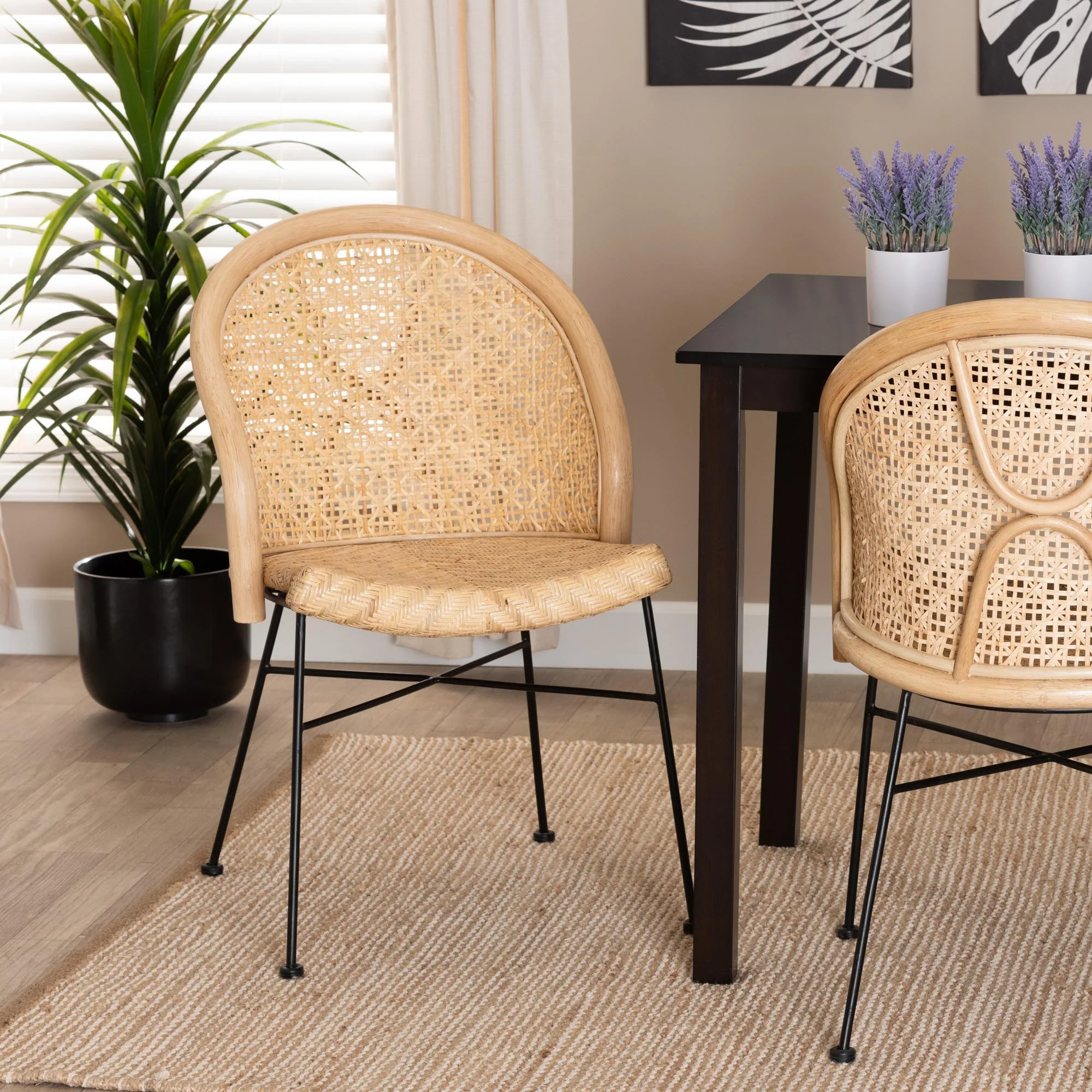Baxton Studio bali & pari Lisa Modern Bohemian Natural Brown Rattan and Black Metal Dining Chair