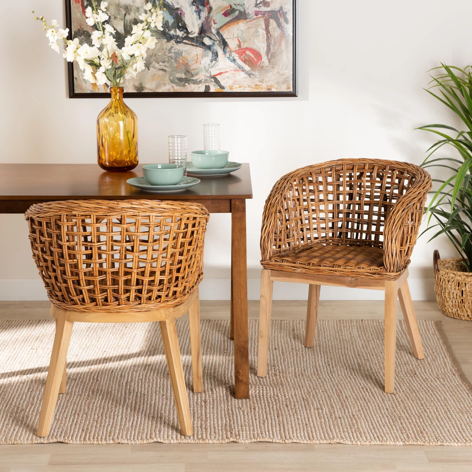 Baxton Studio bali & pari Mario Modern Bohemian Natural Brown Finished Teak Wood and Rattan 2-Piece Dining Chair Set