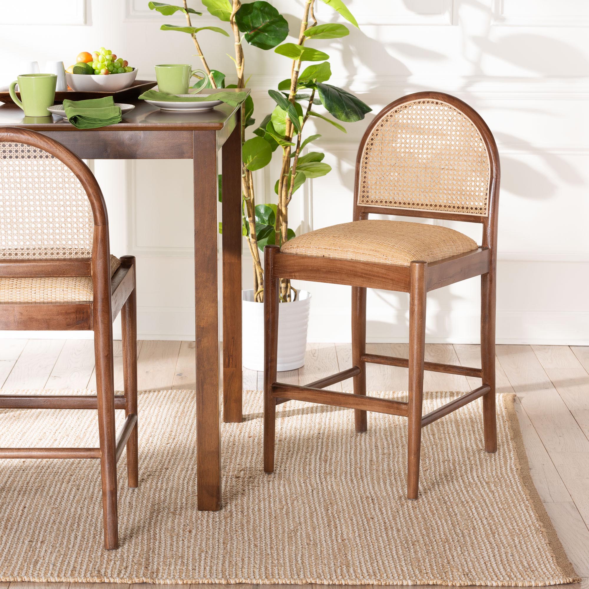 Baxton Studio bali & pari Maryland Modern Bohemian Natural Rattan and Acacia Wood Counter Stool