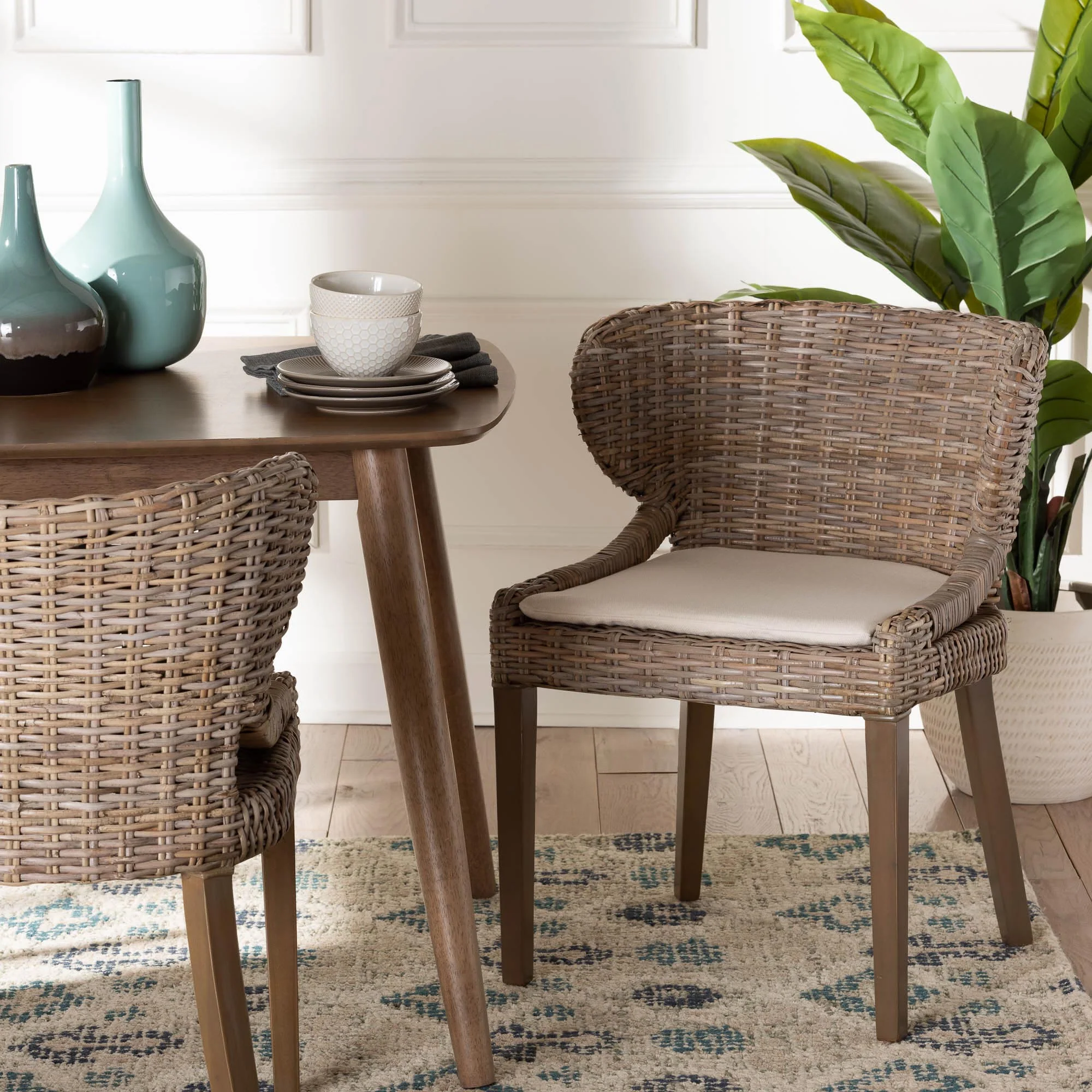 Baxton Studio bali & pari Niesha Bohemian Grey Natural Kubu Rattan and Mahogany Wood Dining Chair