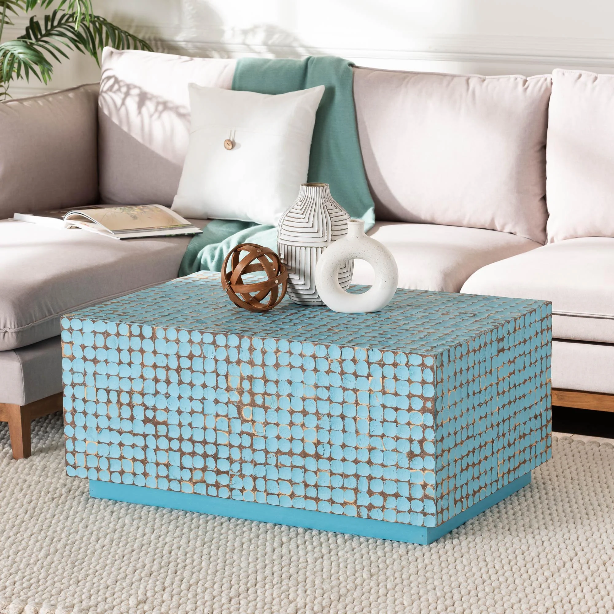 Baxton Studio bali & pari Nitza Bohemian Blue Coconut Shell and Acacia Wood Coffee Table