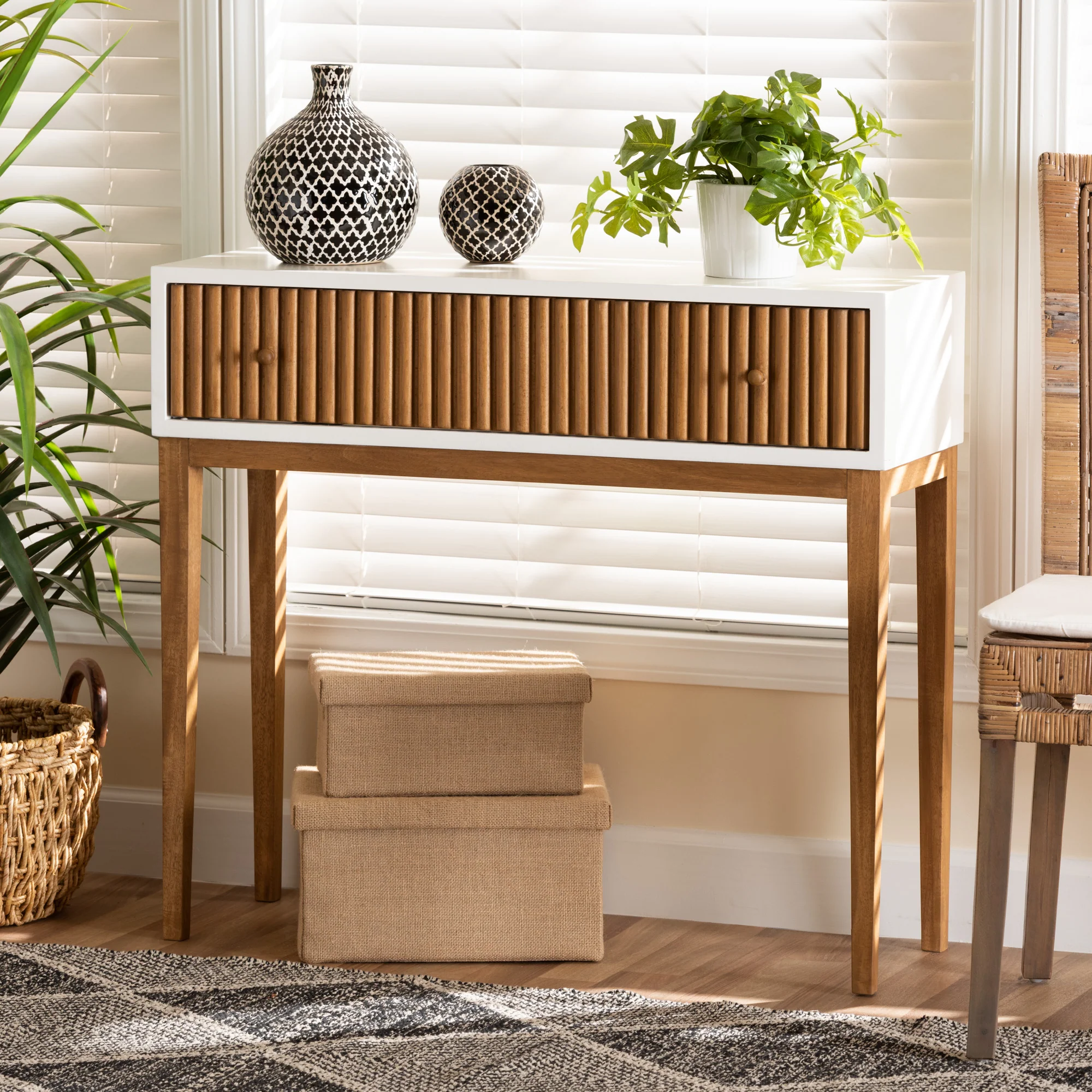 Baxton Studio bali & pari Odile Mid-Century Modern Two-Tone Natural Brown and White Bayur Wood 1-Drawer Console Table