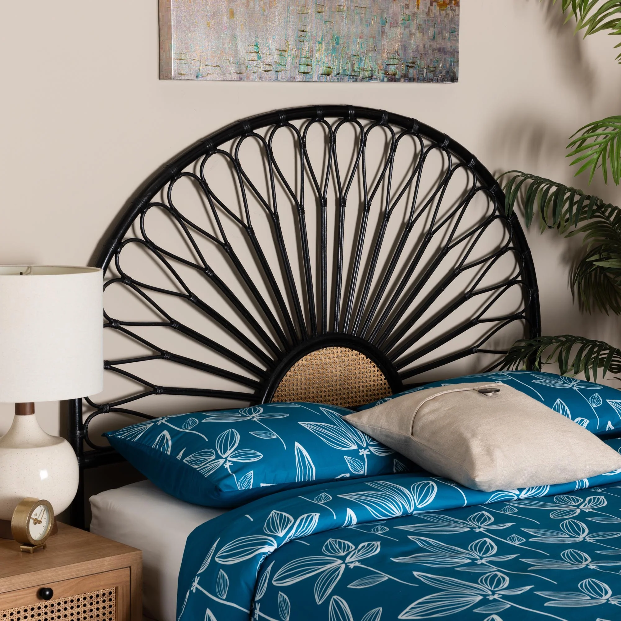 Baxton Studio bali & pari Perenna Modern Bohemian Two-Tone Black and Natural Brown Rattan Queen Size Standalone Headboard