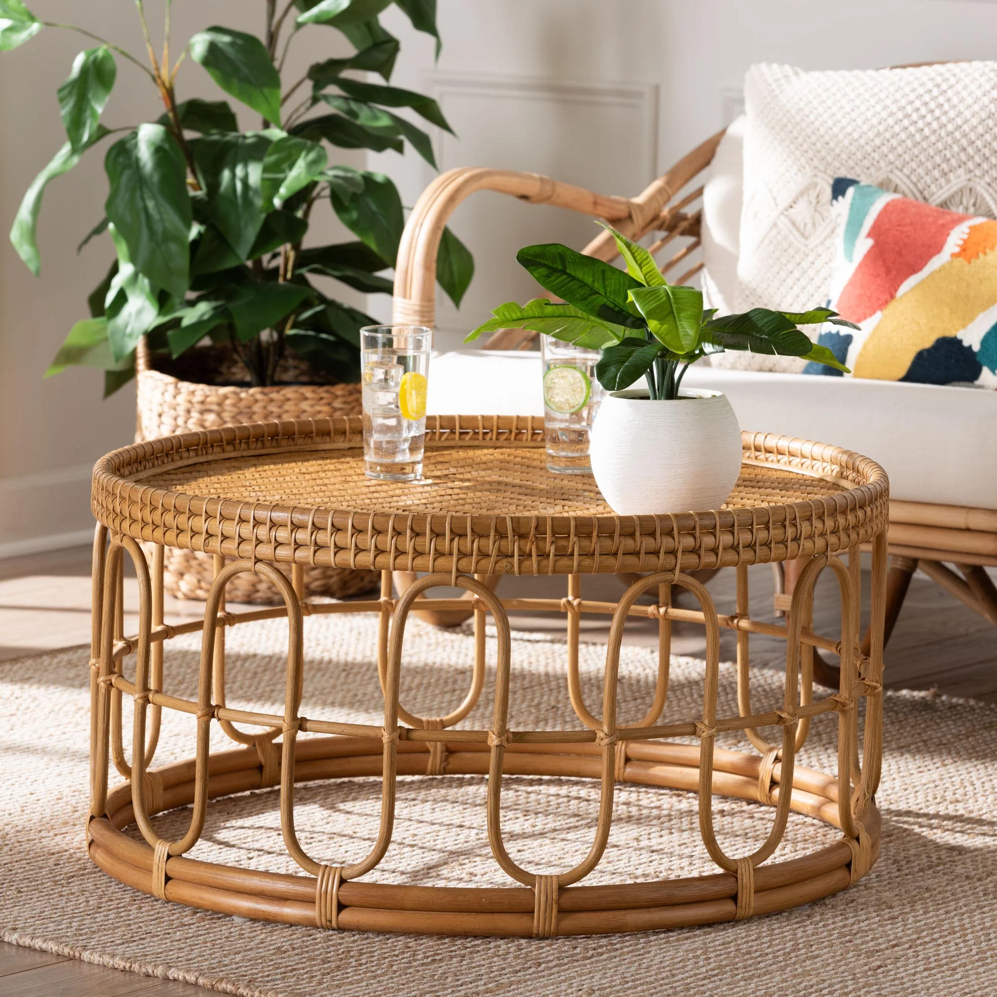 Baxton Studio bali & pari Phoenix Modern Bohemian Light Honey Rattan Coffee Table