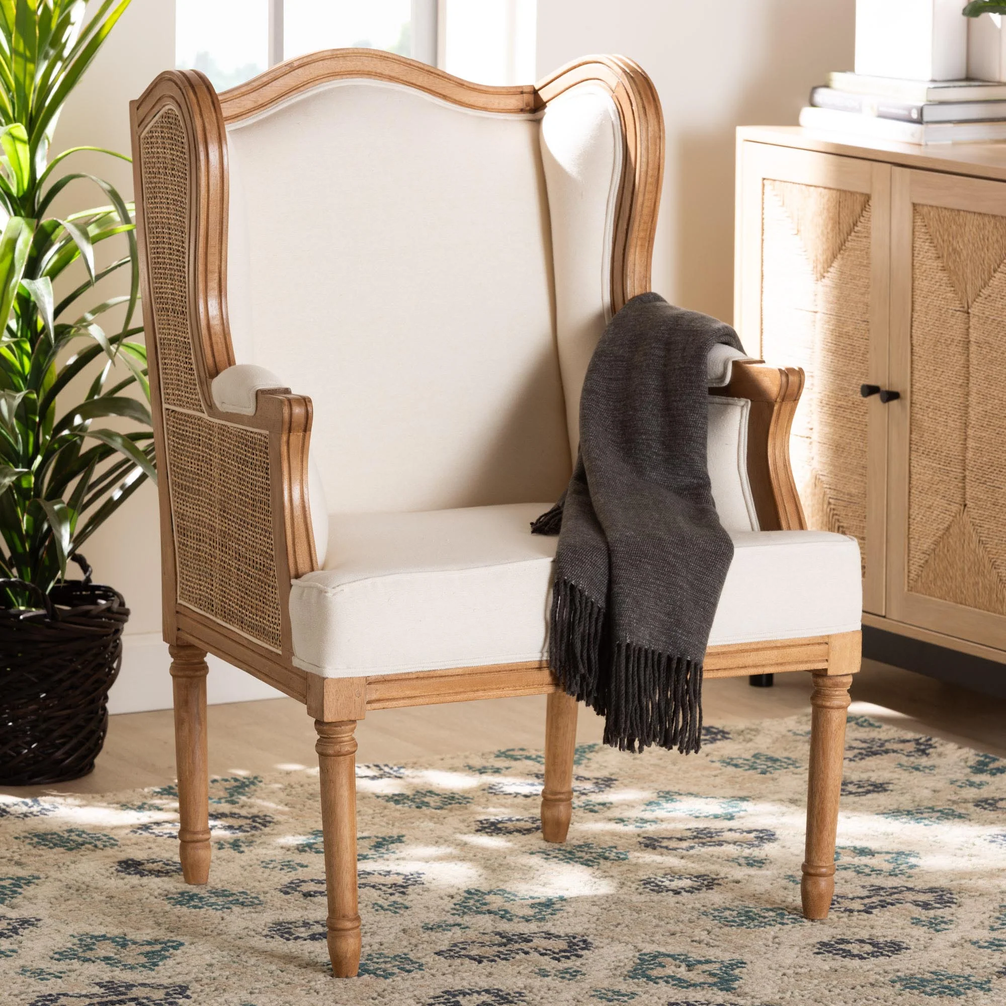 Baxton Studio bali & pari Rachana Traditional French Beige Fabric and Honey Oak Finished Wood Accent Chair