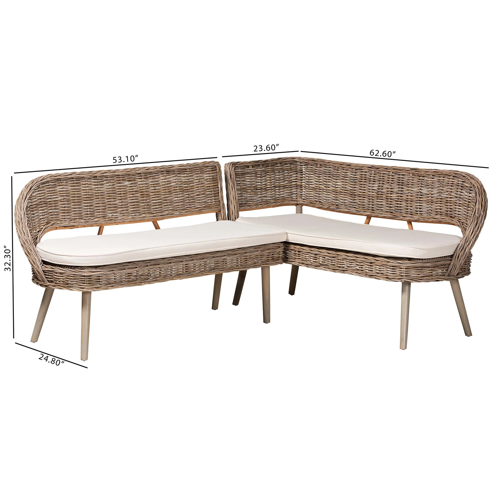 Baxton Studio bali & pari Raisa Modern Bohemian Natural Kubu Rattan and Grey Acacia Wood 2-Piece Dining Nook Banquette Set - Image 3