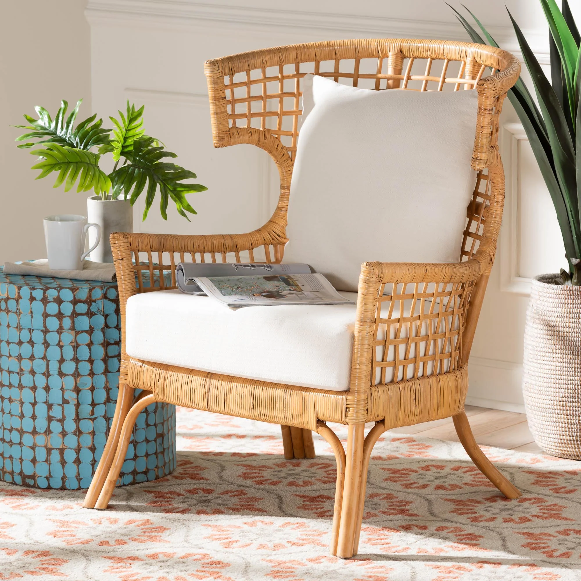 Baxton Studio bali & pari Regina Bohemian Light Honey Rattan Arm Chair