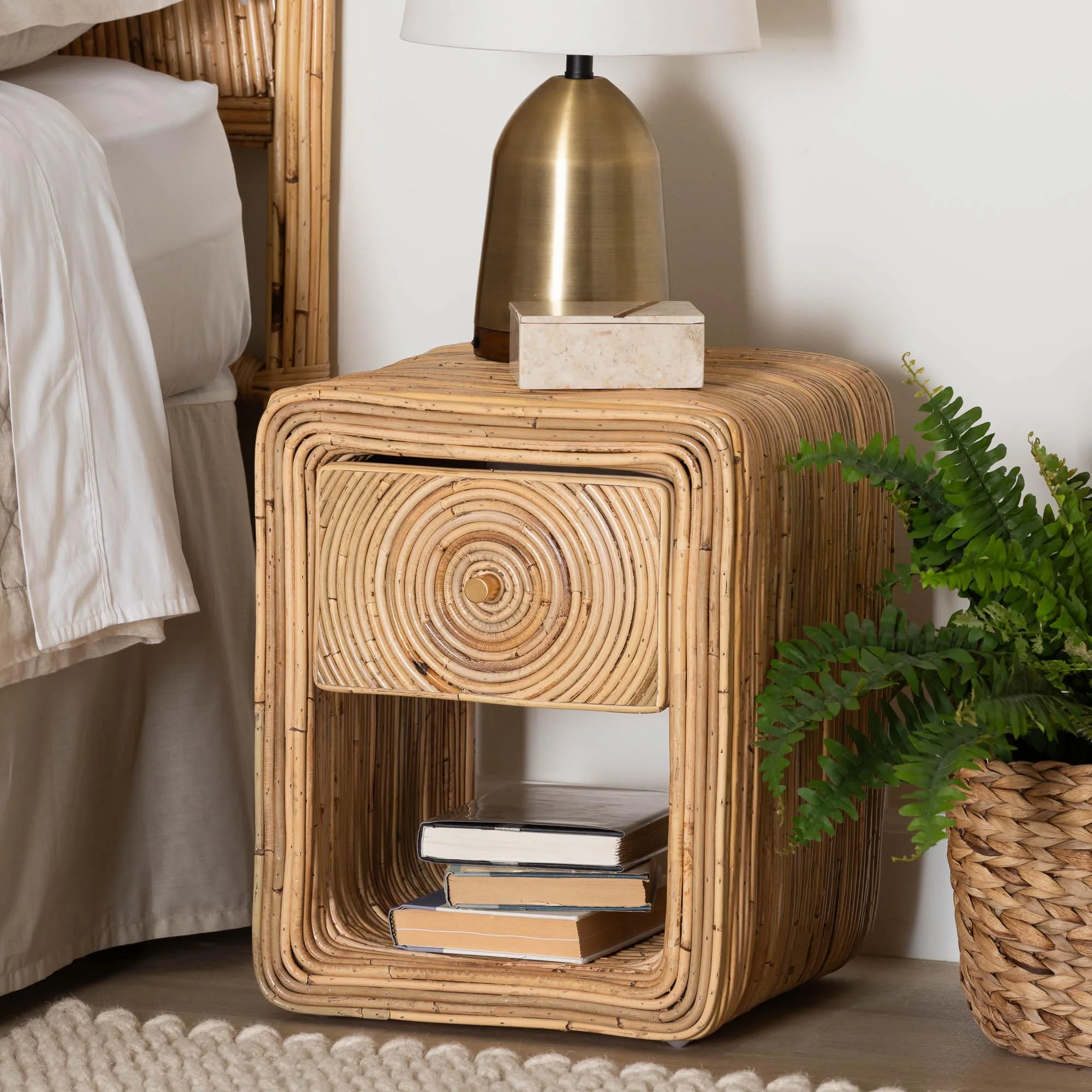 Baxton Studio bali & pari Rosina Bohemian Natural Rattan 1-Drawer Nightstand