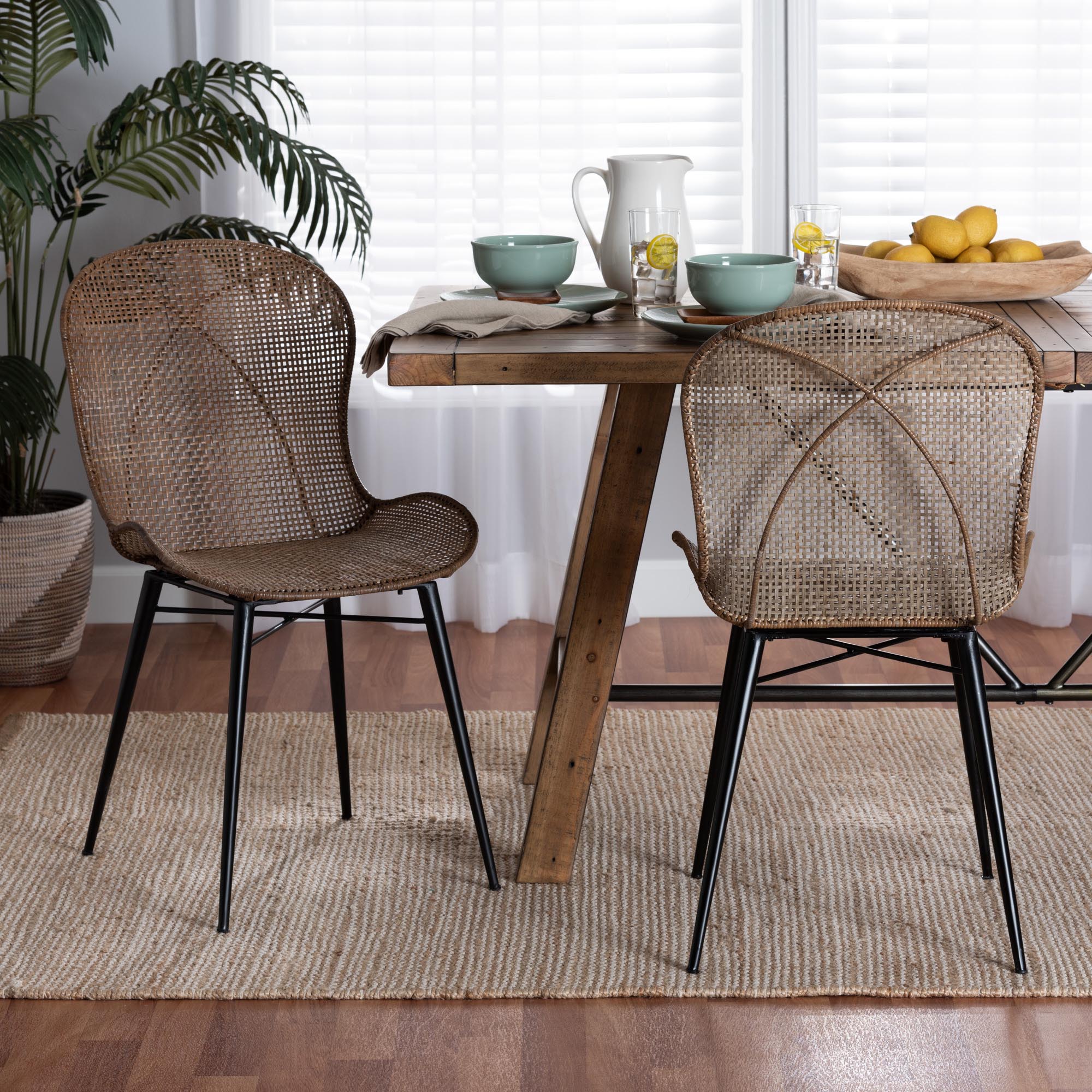 Baxton Studio bali & pari Sabelle Japandi Greywashed Rattan and Black Metal 2-Piece Dining Chair Set