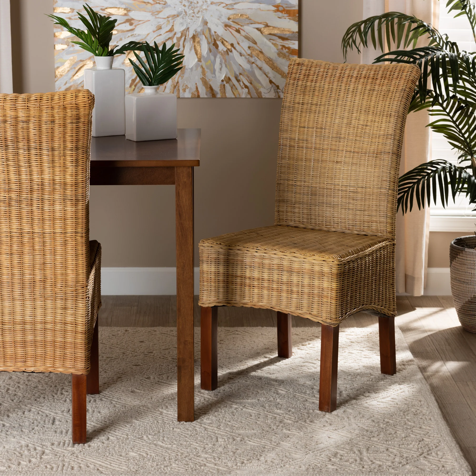 Baxton Studio bali & pari Shamara Modern Bohemian Natural Rattan and Mahogany Wood Dining Chair