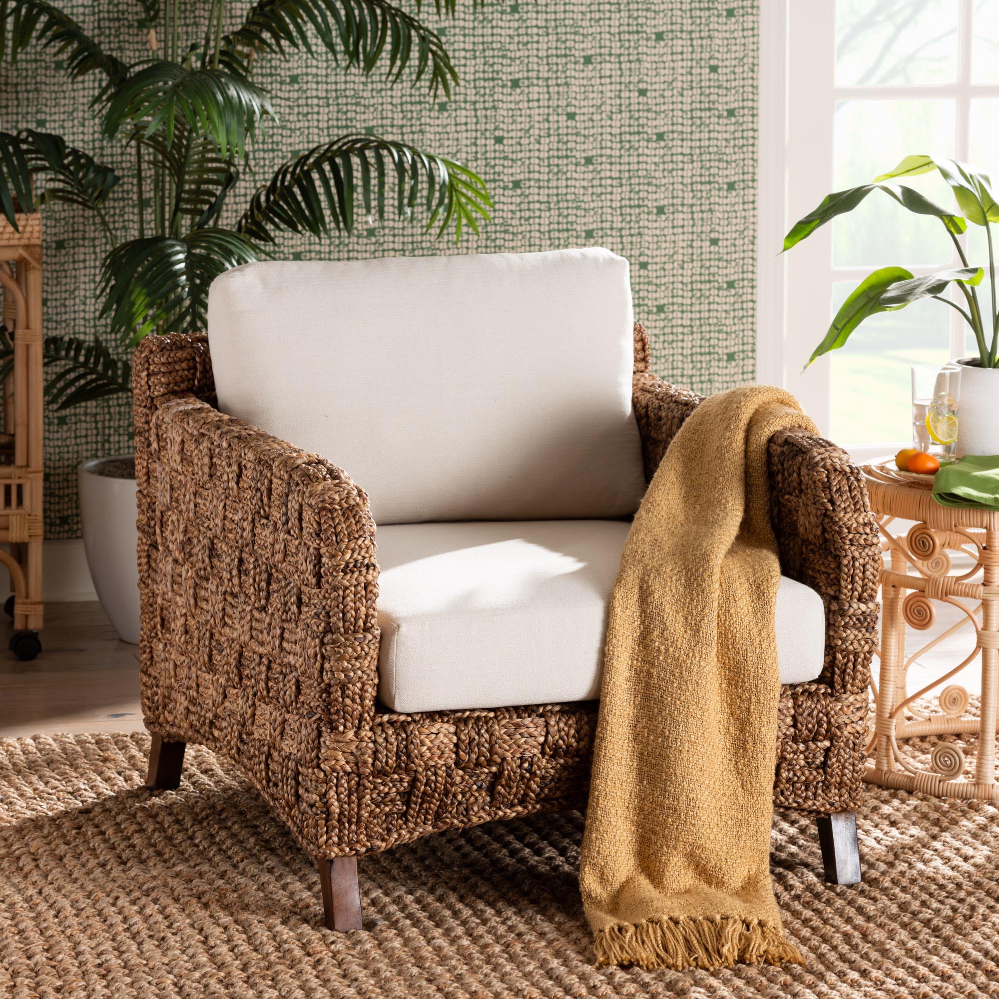Baxton Studio bali & pari Vevina Modern Bohemian Dark Brown Mahogany Wood and Woven Seagrass Arm Chair