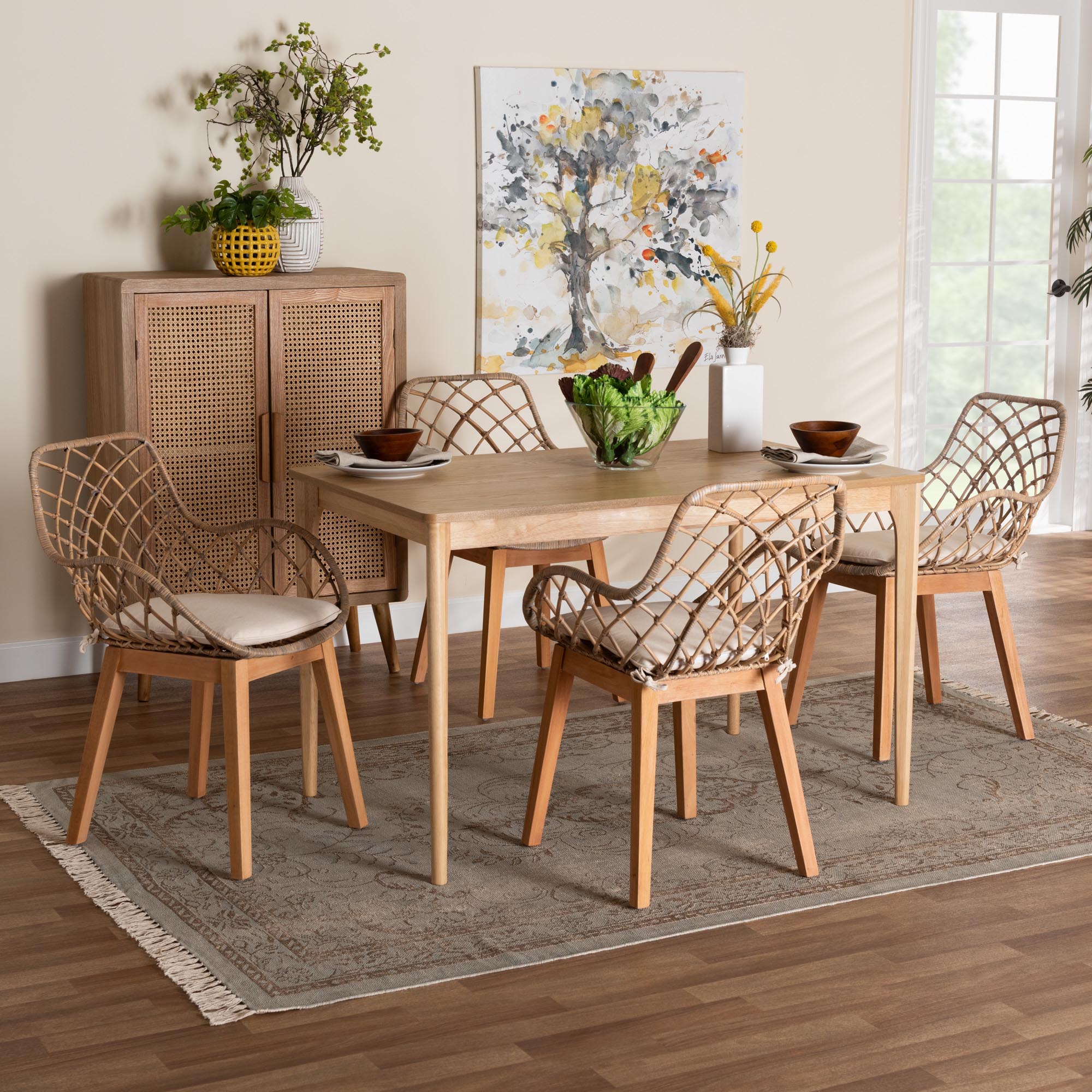 Baxton Studio Ballerina Modern Bohemian Greywashed Rattan and Natural Brown Finished Mahogany Wood 5-Piece Dining Set