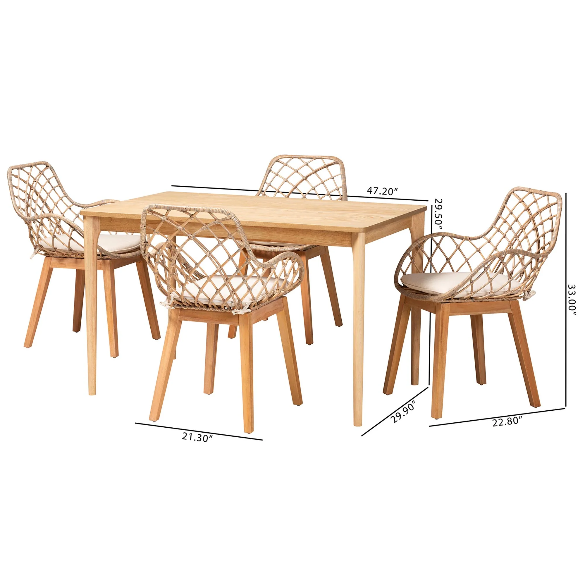 Baxton Studio Ballerina Modern Bohemian Greywashed Rattan and Natural Brown Finished Mahogany Wood 5-Piece Dining Set - Image 3