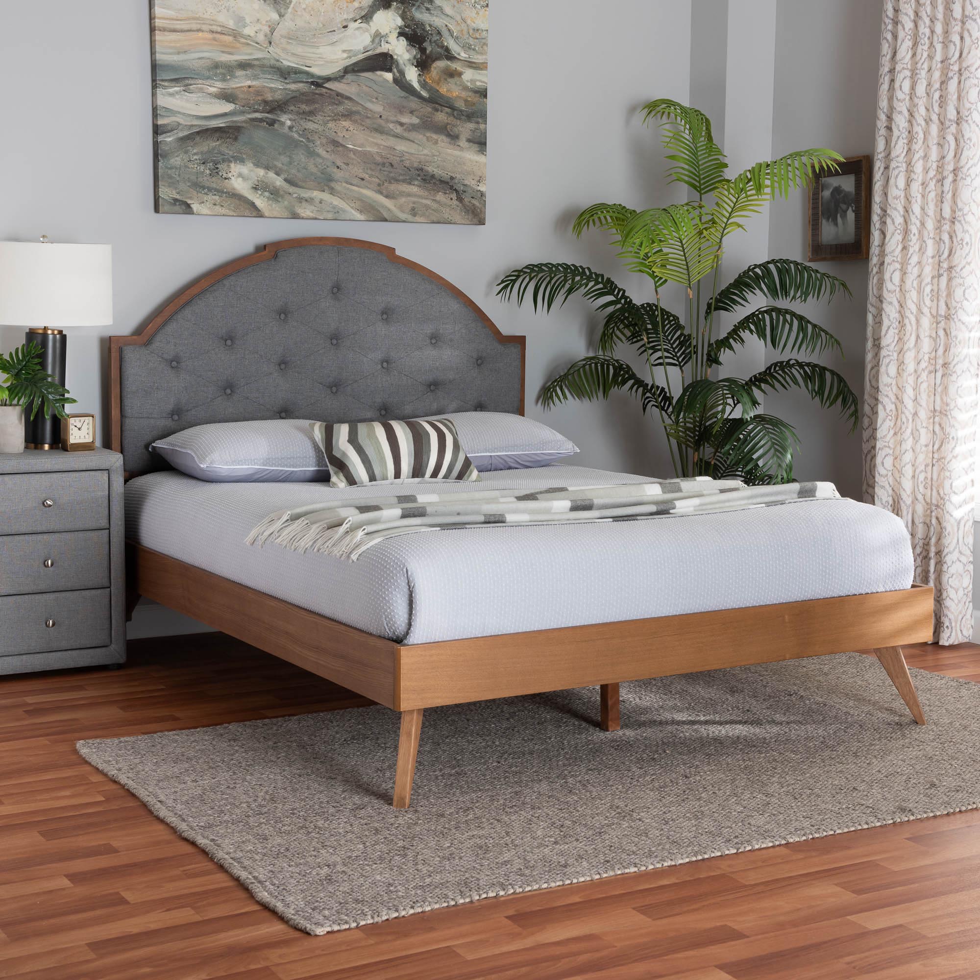 Baxton Studio Blanchard Mid-Century Modern Grey Fabric and Walnut Brown Wood King Size Platform Bed