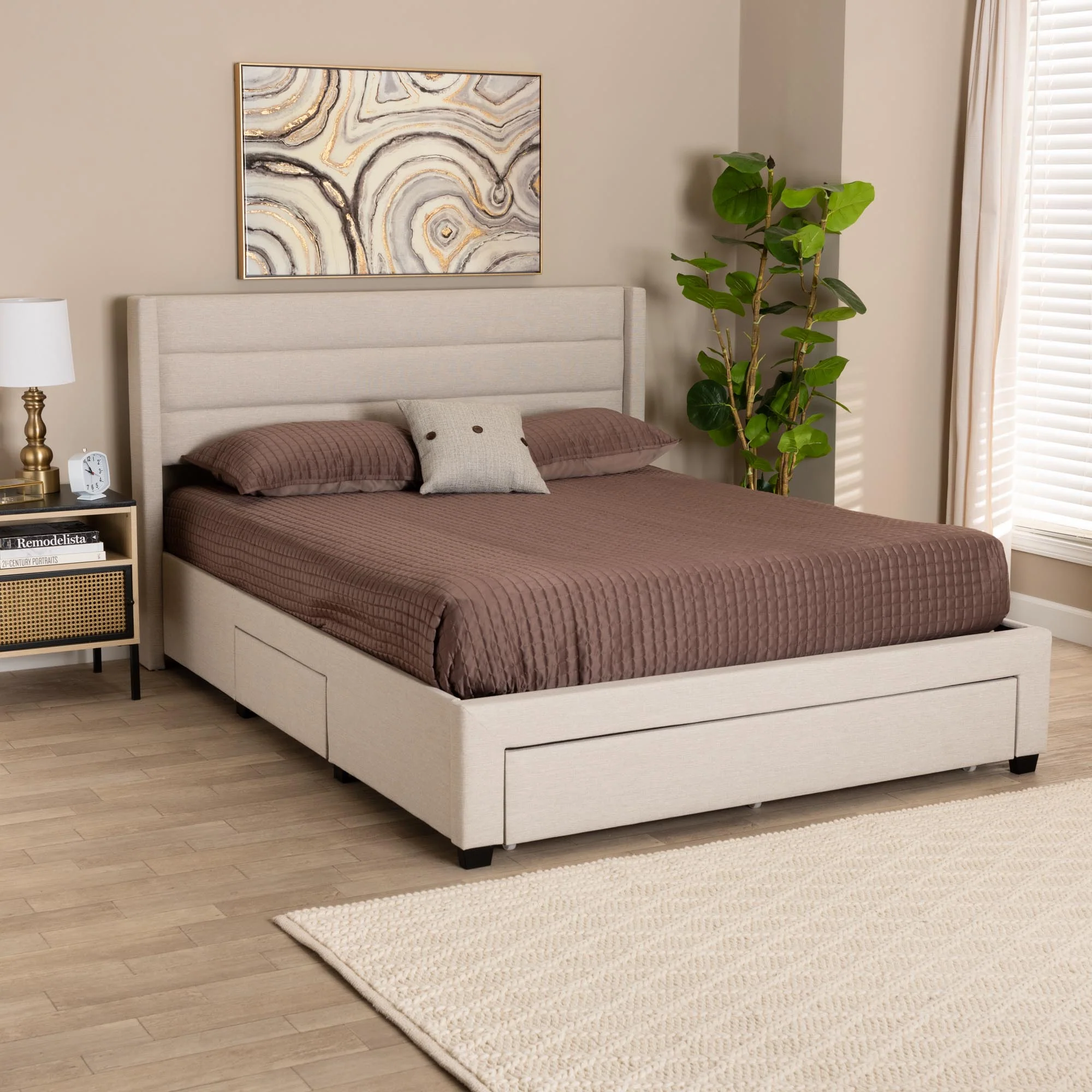 Baxton Studio Braylon Mid-Century Modern Transitional Beige Fabric and Dark Brown Finished Wood Full Size 3-Drawer Storage Platform Bed
