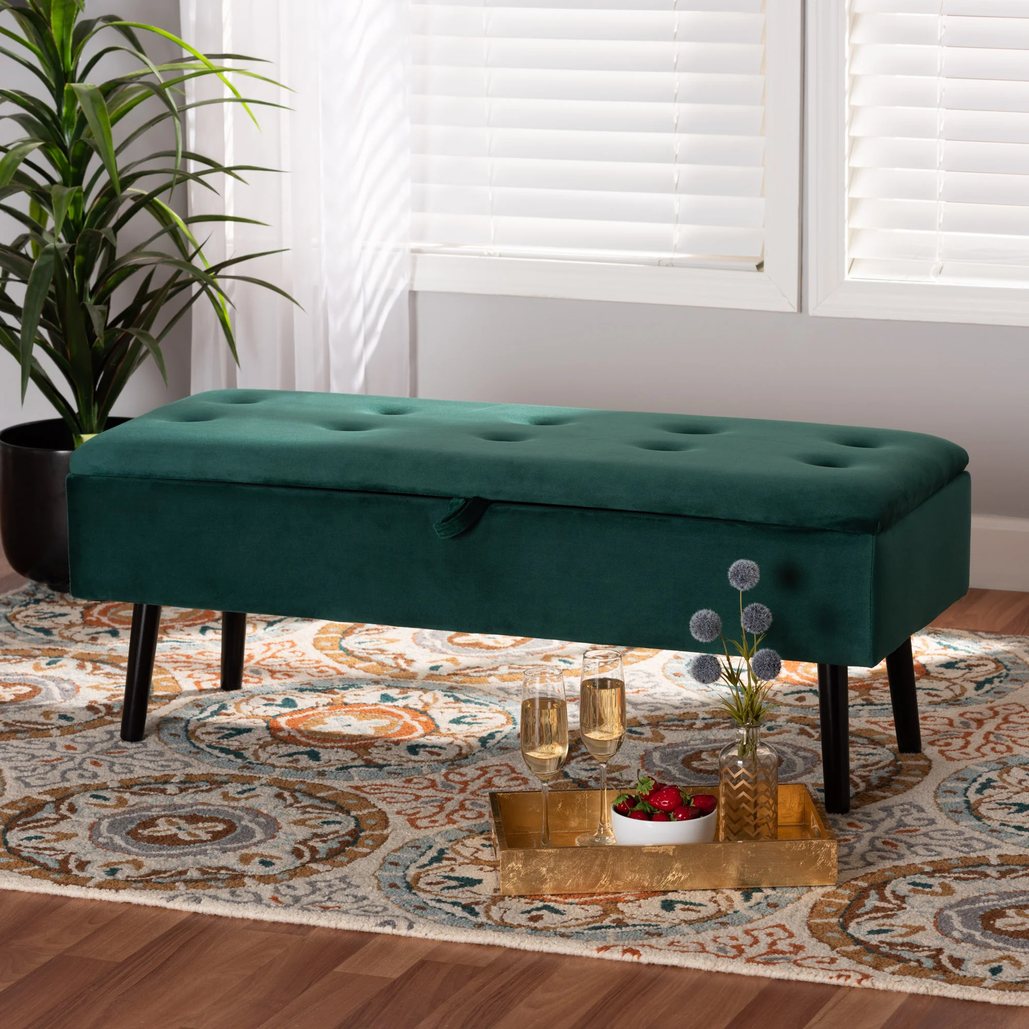 Baxton Studio Caine Modern and Contemporary Green Velvet Fabric Upholstered and Dark Brown Finished Wood Storage Bench