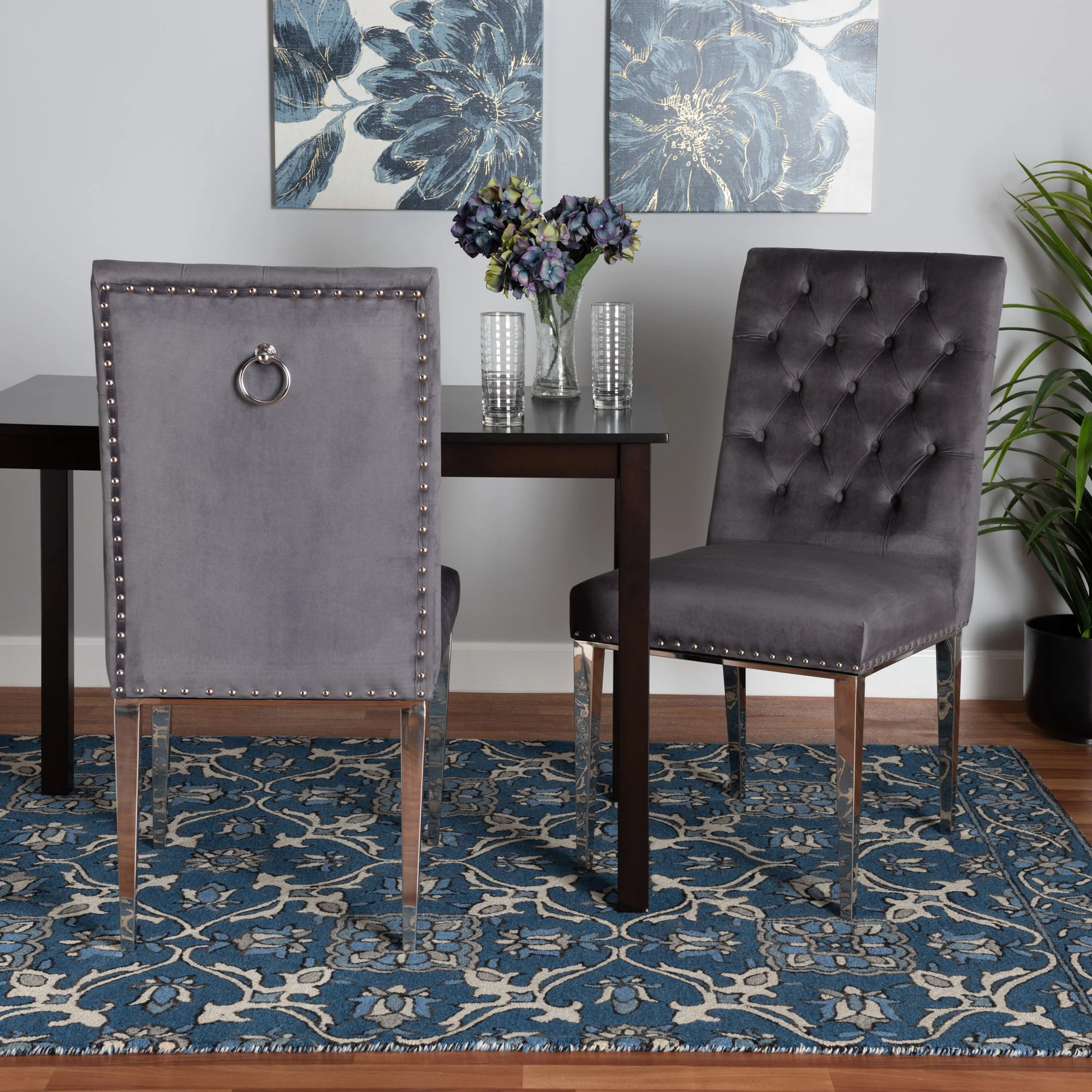 Baxton Studio Caspera Contemporary Glam and Luxe Grey Velvet Fabric and Silver Metal 2-Piece Dining Chair Set