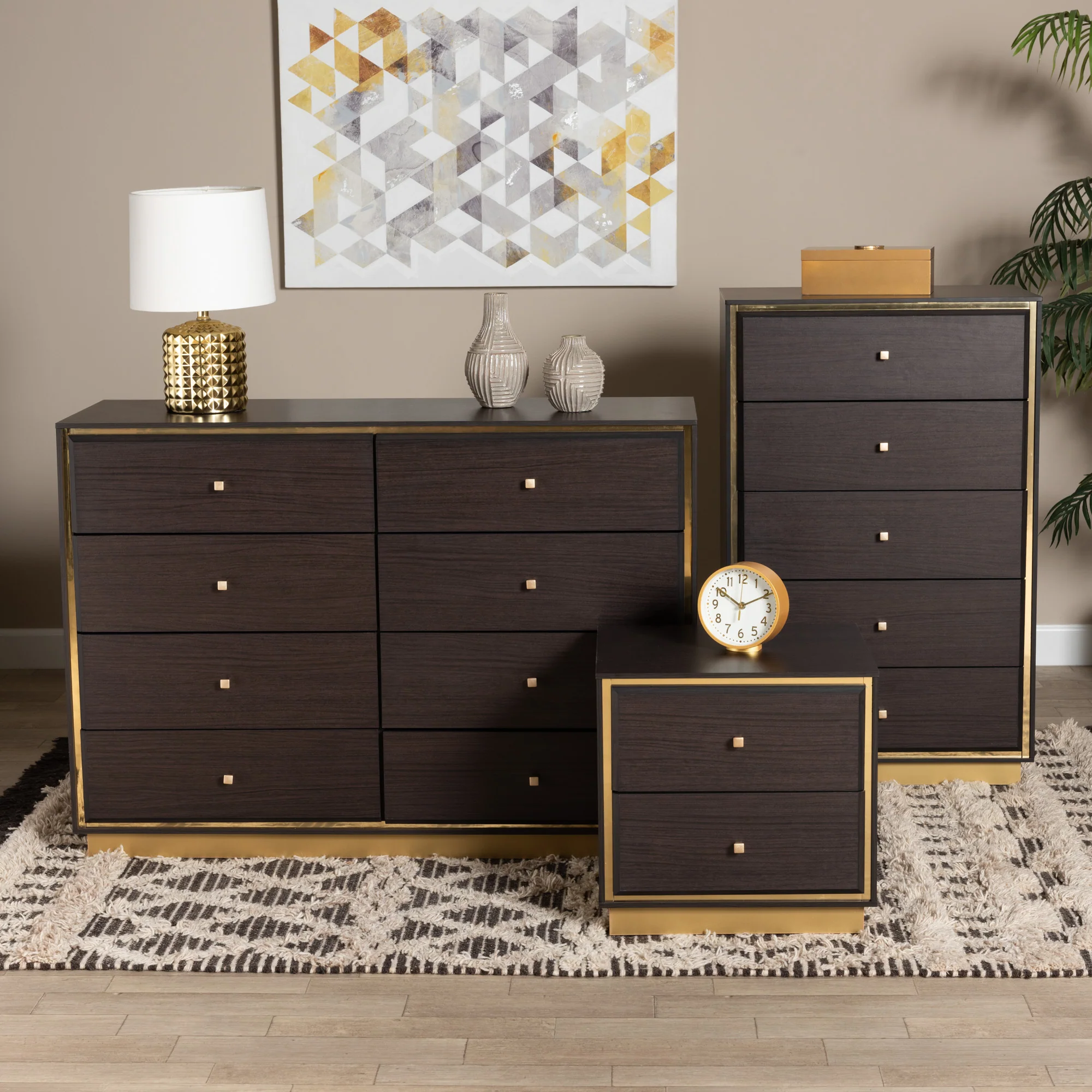 Baxton Studio Cormac Mid-Century Modern Transitional Dark Brown Finished Wood and Gold Metal 3-Piece Storage Set