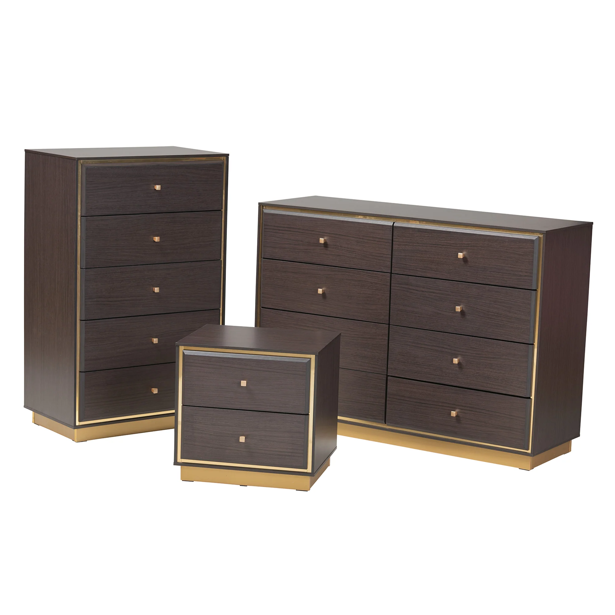 Baxton Studio Cormac Mid-Century Modern Transitional Dark Brown Finished Wood and Gold Metal 3-Piece Storage Set - Image 4