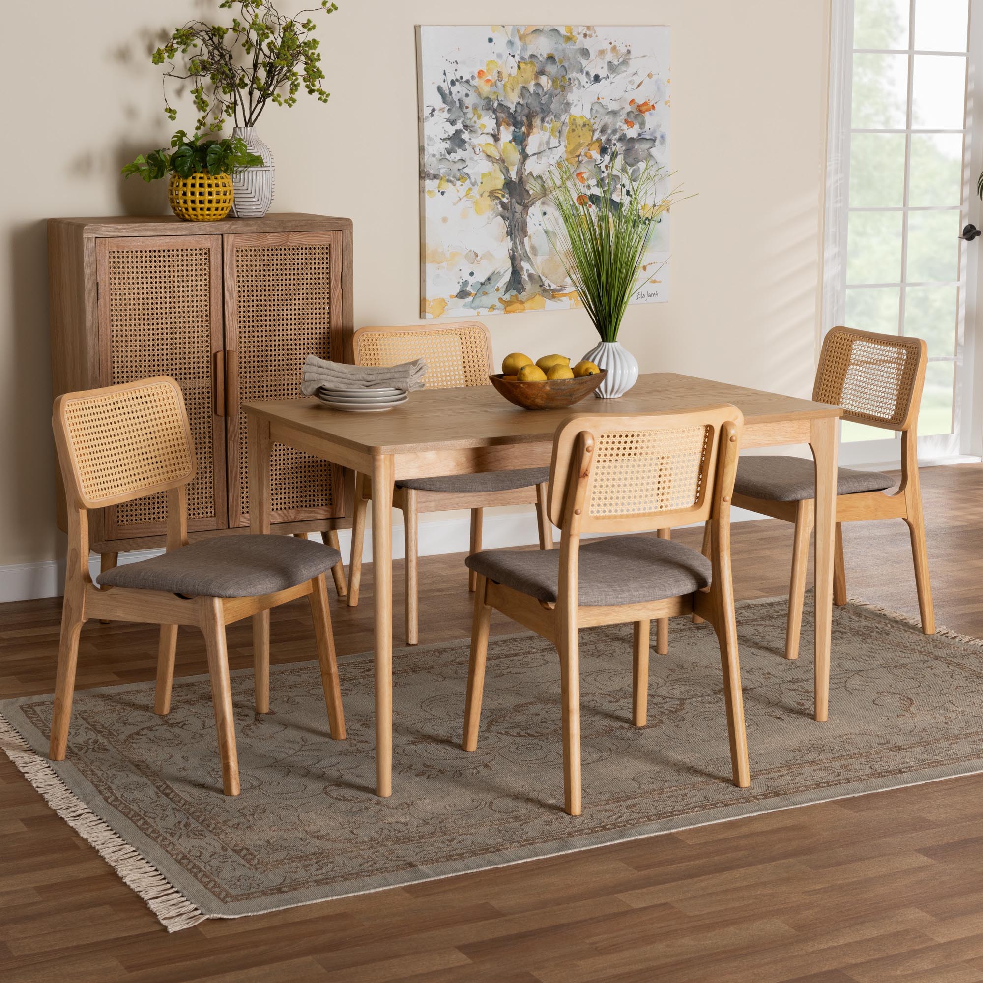 Baxton Studio Dannon Mid-Century Modern Grey Fabric and Natural Oak Finished Wood 5-Piece Dining Set