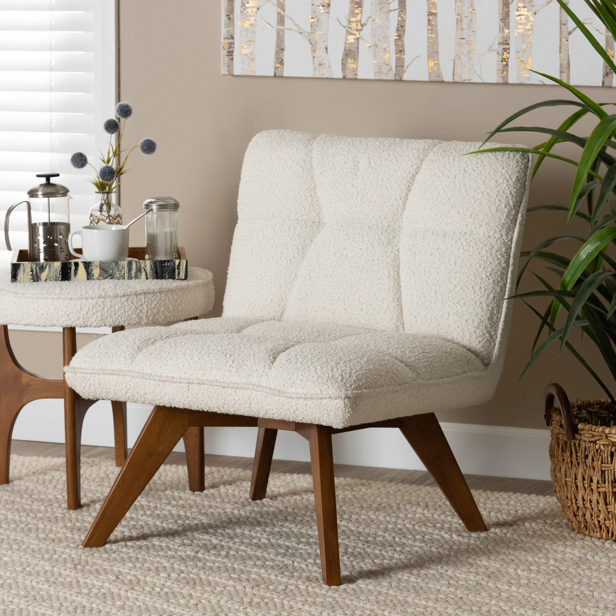 Baxton Studio Darielle Japandi Cream Boucle Fabric and Walnut Brown Finished Rubberwood Accent Chair