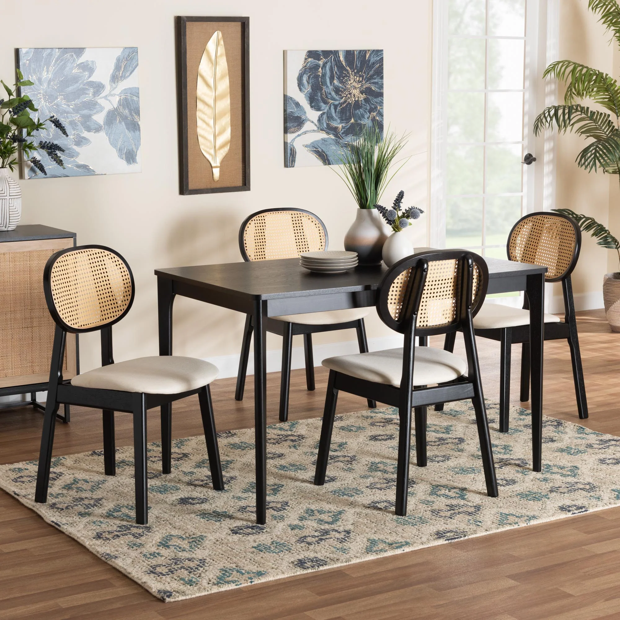 Baxton Studio Darrion Mid-Century Modern Cream Fabric and Black Finished Wood 5-Piece Dining Set