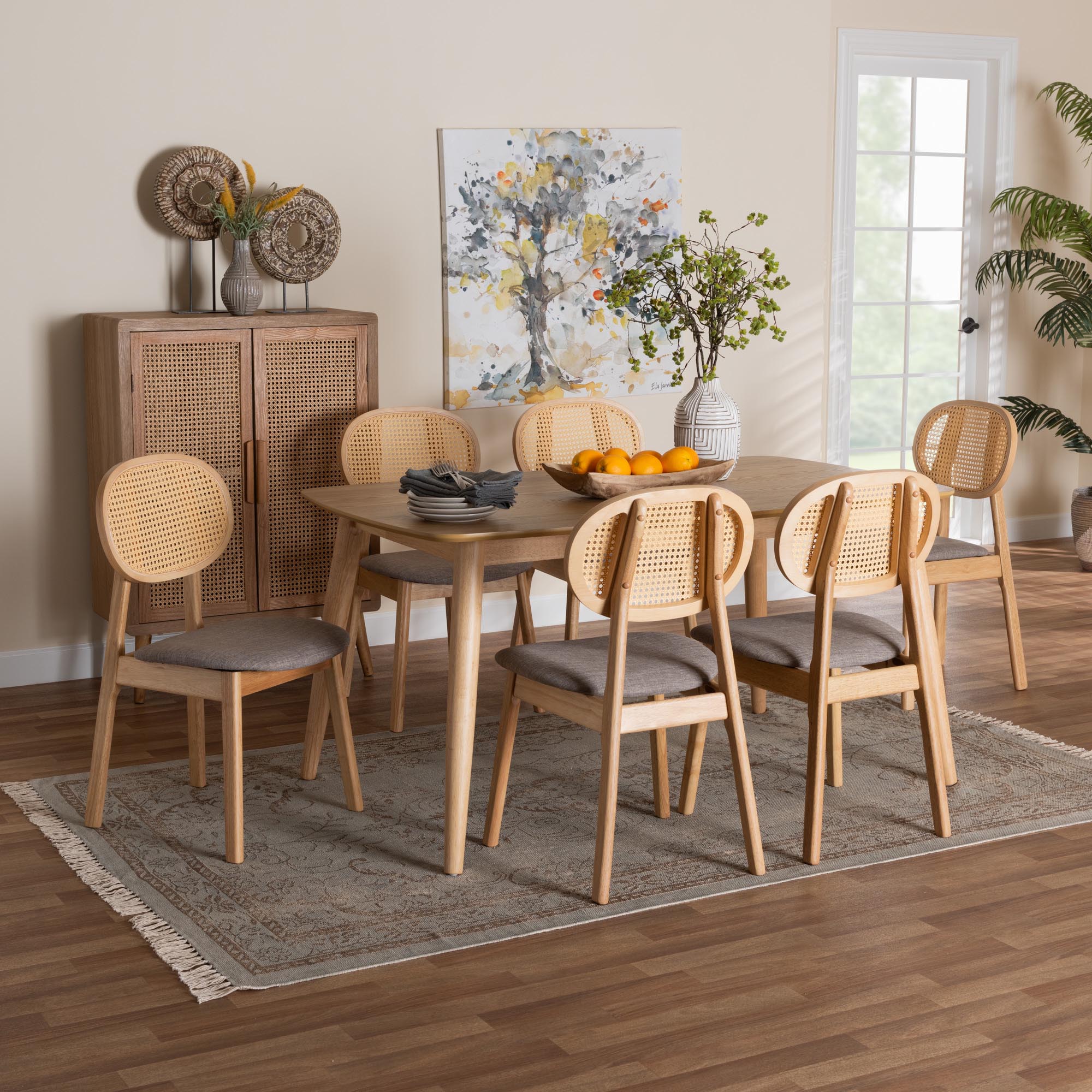 Baxton Studio Darrion Mid-Century Modern Grey Fabric and Natural Oak Finished Wood 7-Piece Dining Set