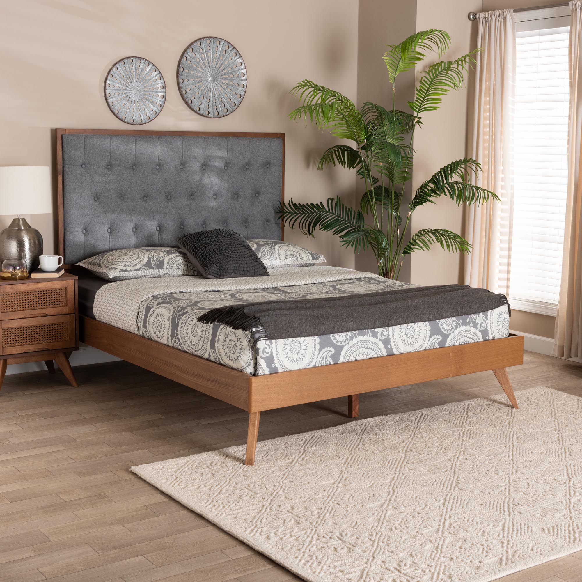 Baxton Studio Dericia Classic and Traditional Grey Fabric and Walnut Brown Finished Wood Queen Size Platform Bed