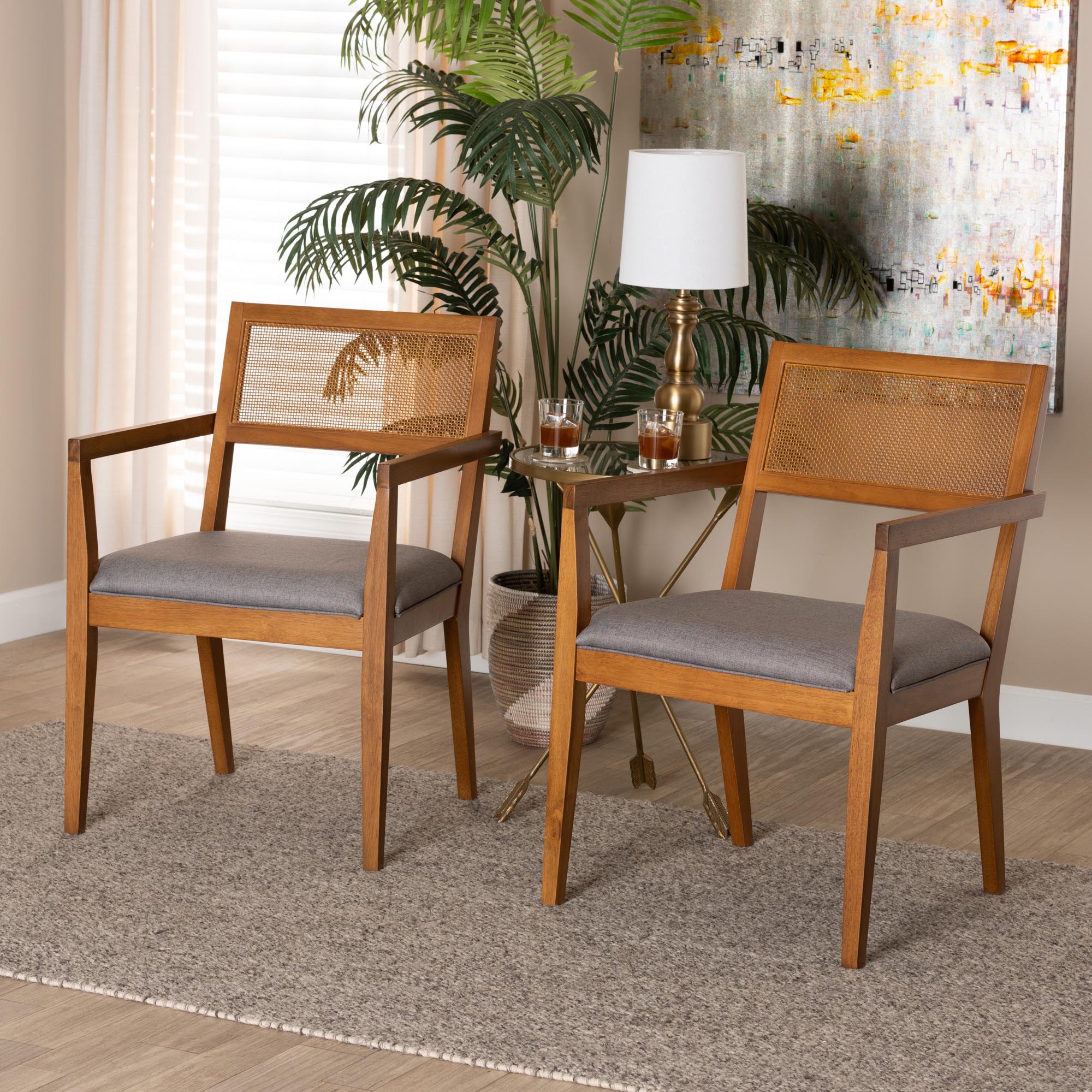 Baxton Studio Emilia Modern Japandi Grey Fabric and Walnut Brown Finished Wood 2-Piece Arm Chair Set with Woven Rattan
