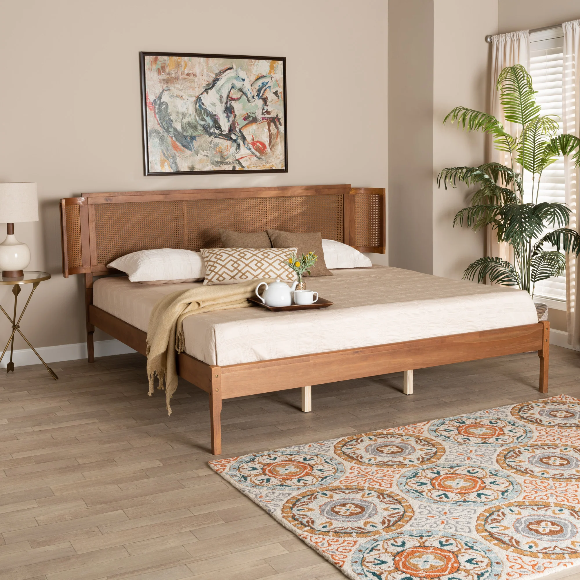 Baxton Studio Eridian Mid-Century Modern Walnut Brown Finished Wood and Natural Rattan King Size Platform Bed