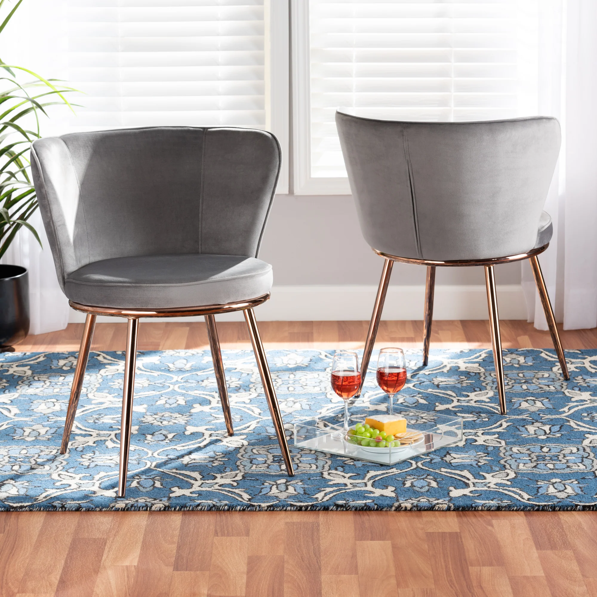 Baxton Studio Farah Modern Luxe and Glam Grey Velvet Fabric Upholstered and Rose Gold Finished Metal 2-Piece Dining Chair Set