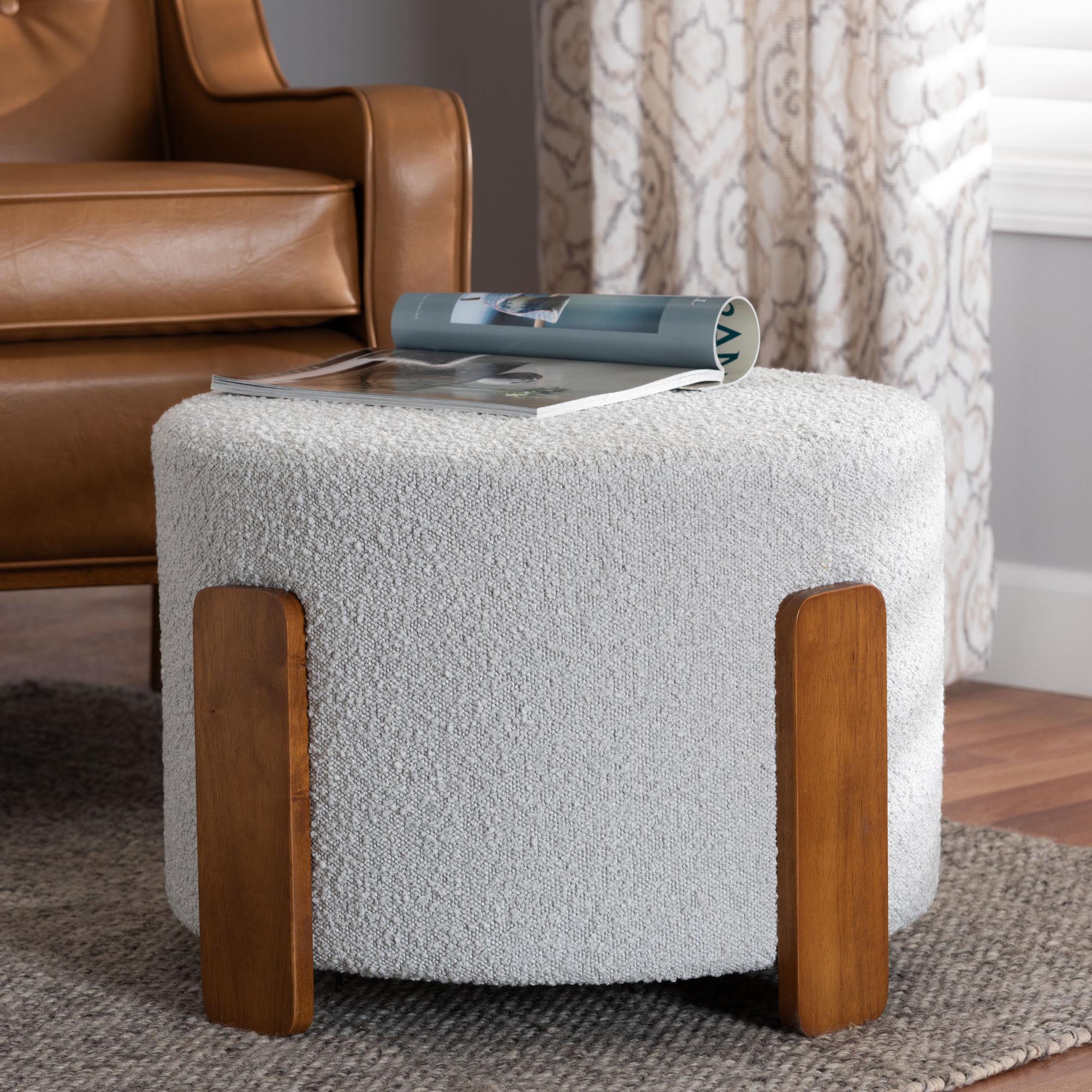 Baxton Studio Finlay Modern Japandi Light Grey Boucle Fabric and Walnut Brown Finished Wood Ottoman Footstool