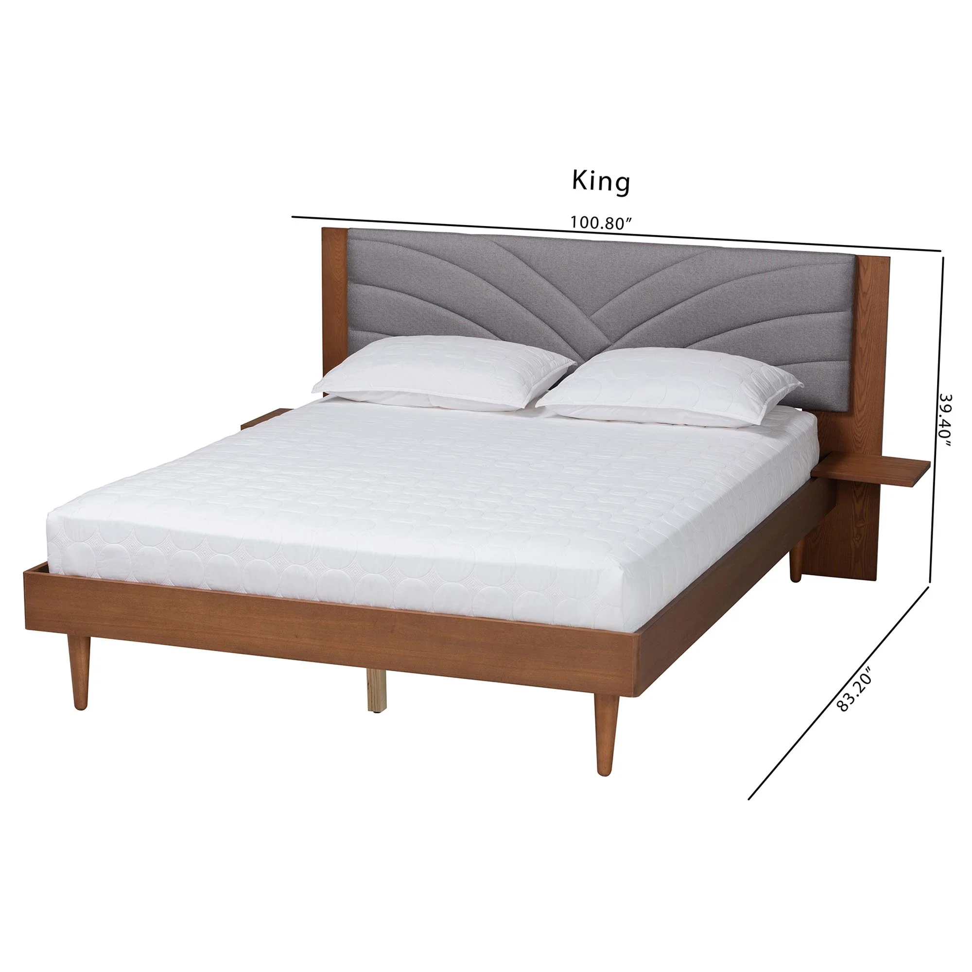 Baxton Studio Hemera Mid-Century Modern Grey Fabric and Walnut Brown Wood Queen Size Platform Bed With Floating Side Table - Image 4
