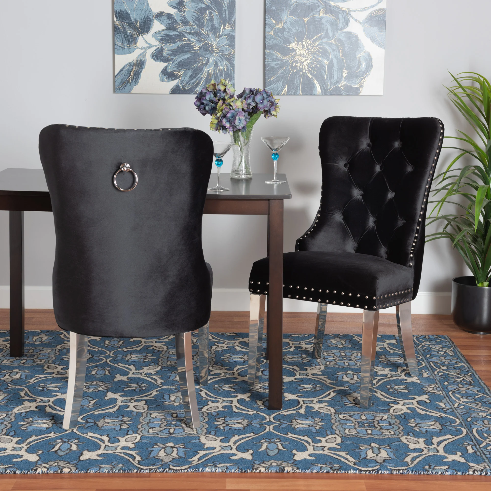Baxton Studio Honora Contemporary Glam and Luxe Black Velvet Fabric and Silver Metal 2-Piece Dining Chair Set