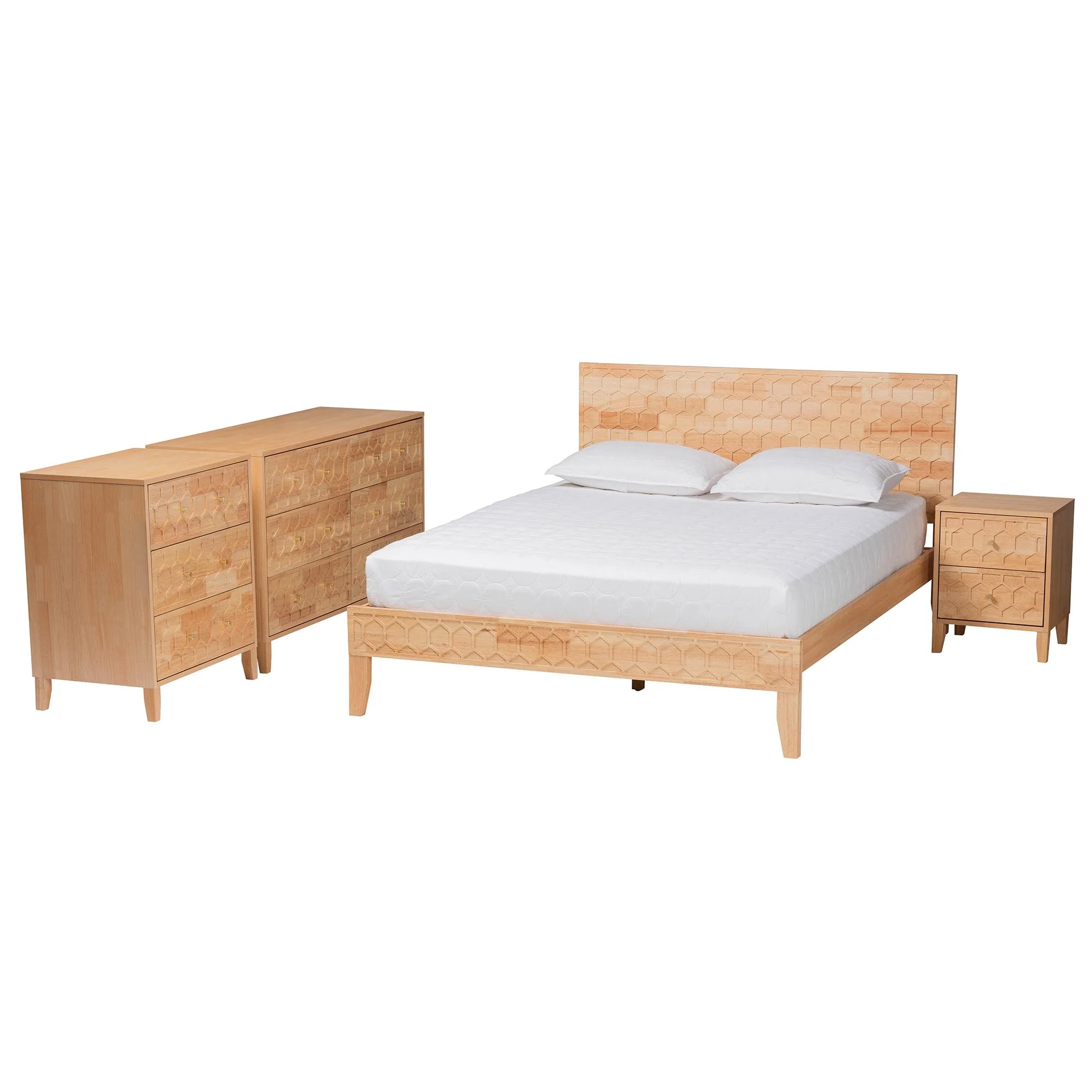 Baxton Studio Hosea Japandi Carved Honeycomb Natural Queen Size 4-Piece Bedroom Set - Image 6