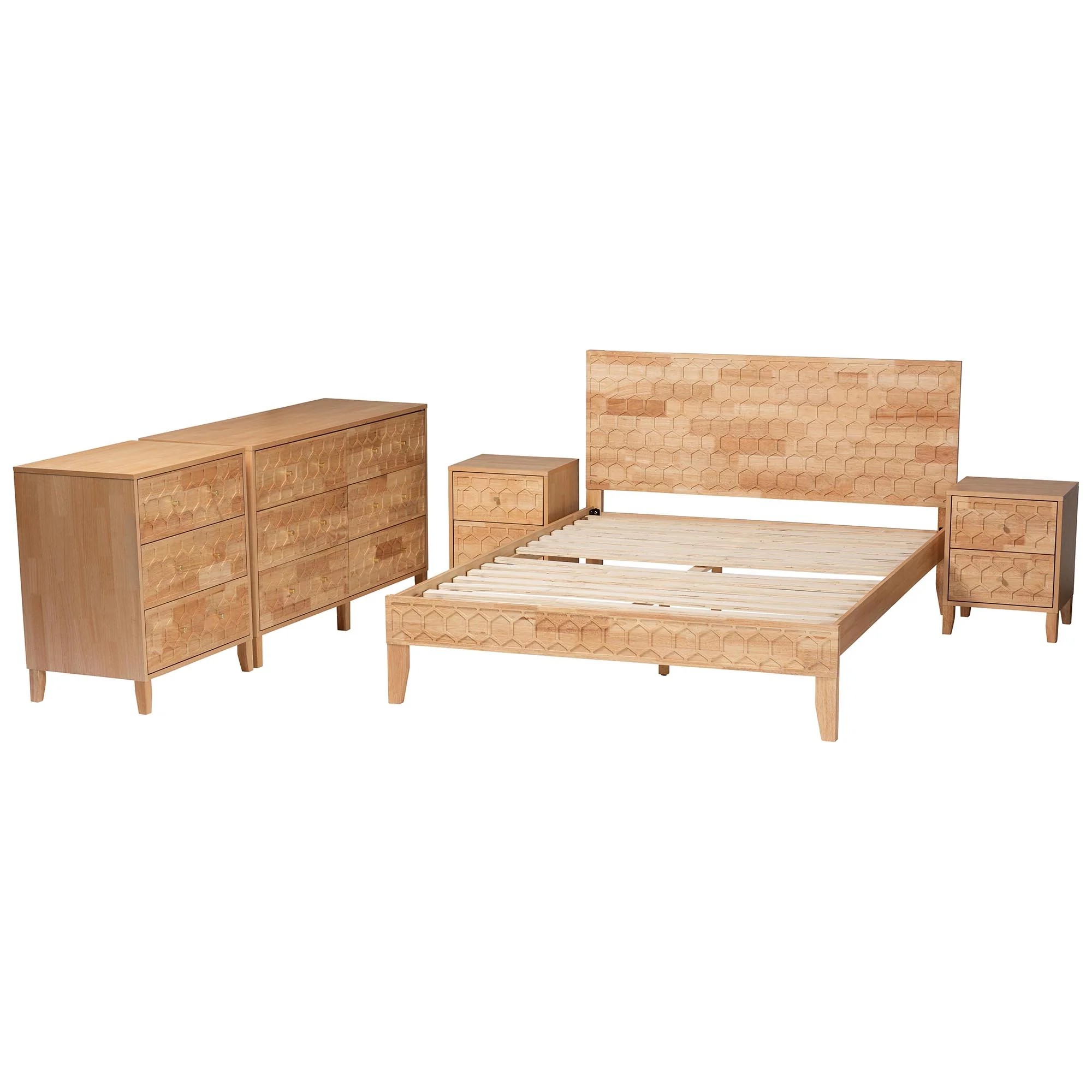 Baxton Studio Hosea Japandi Carved Honeycomb Natural Queen Size 5-Piece Bedroom Set - Image 7