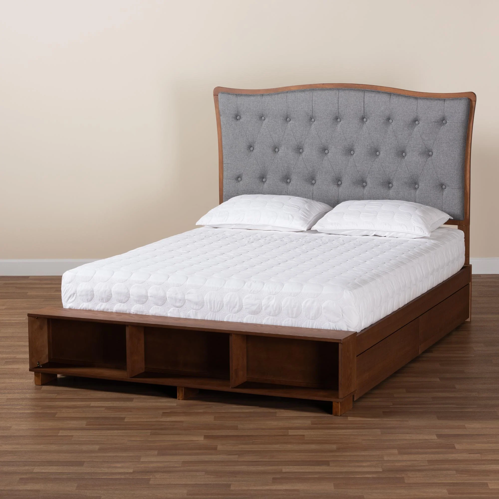 Baxton Studio Kalare Classic Transitional Grey Fabric and Walnut Brown Finished Wood Queen Size Platform Storage Bed - Image 4