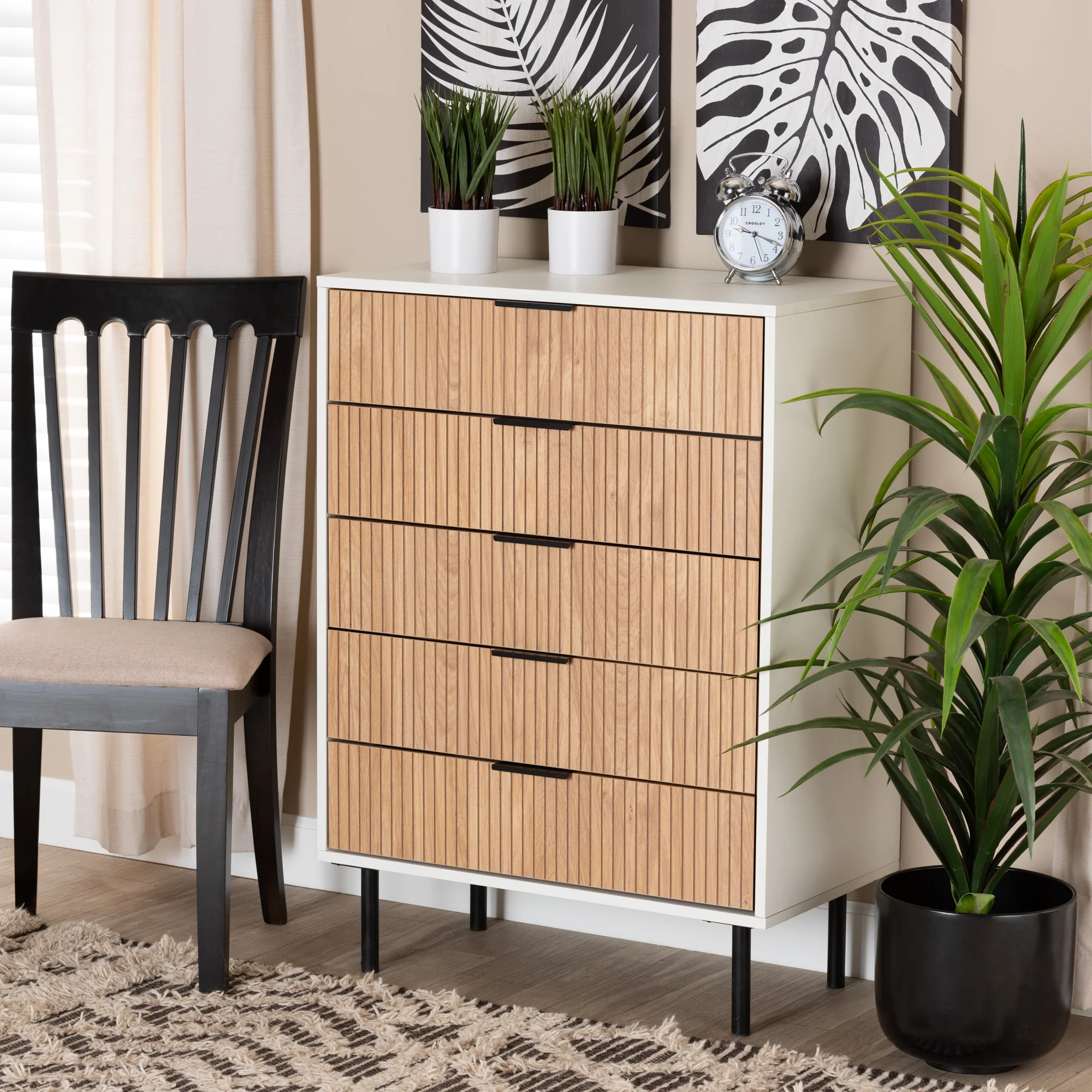 Baxton Studio Karima Mid-Century Modern Two-Tone White and Natural Brown Finished Wood and Black Metal 5-Drawer Storage Cabinet