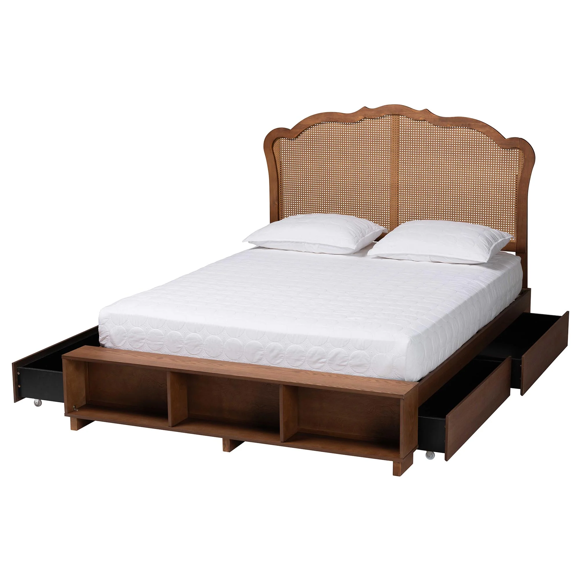 Baxton Studio Latrell Mid-Century Walnut Brown Wood and Rattan King Size Storage Bed - Image 6