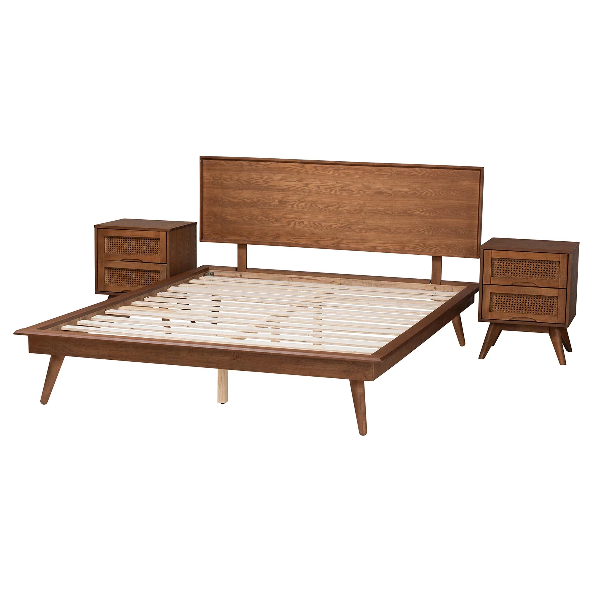 Baxton Studio Melora Mid-Century Modern Walnut Brown Finished Wood and Rattan Full Size 3-Piece Bedroom Set - Image 3