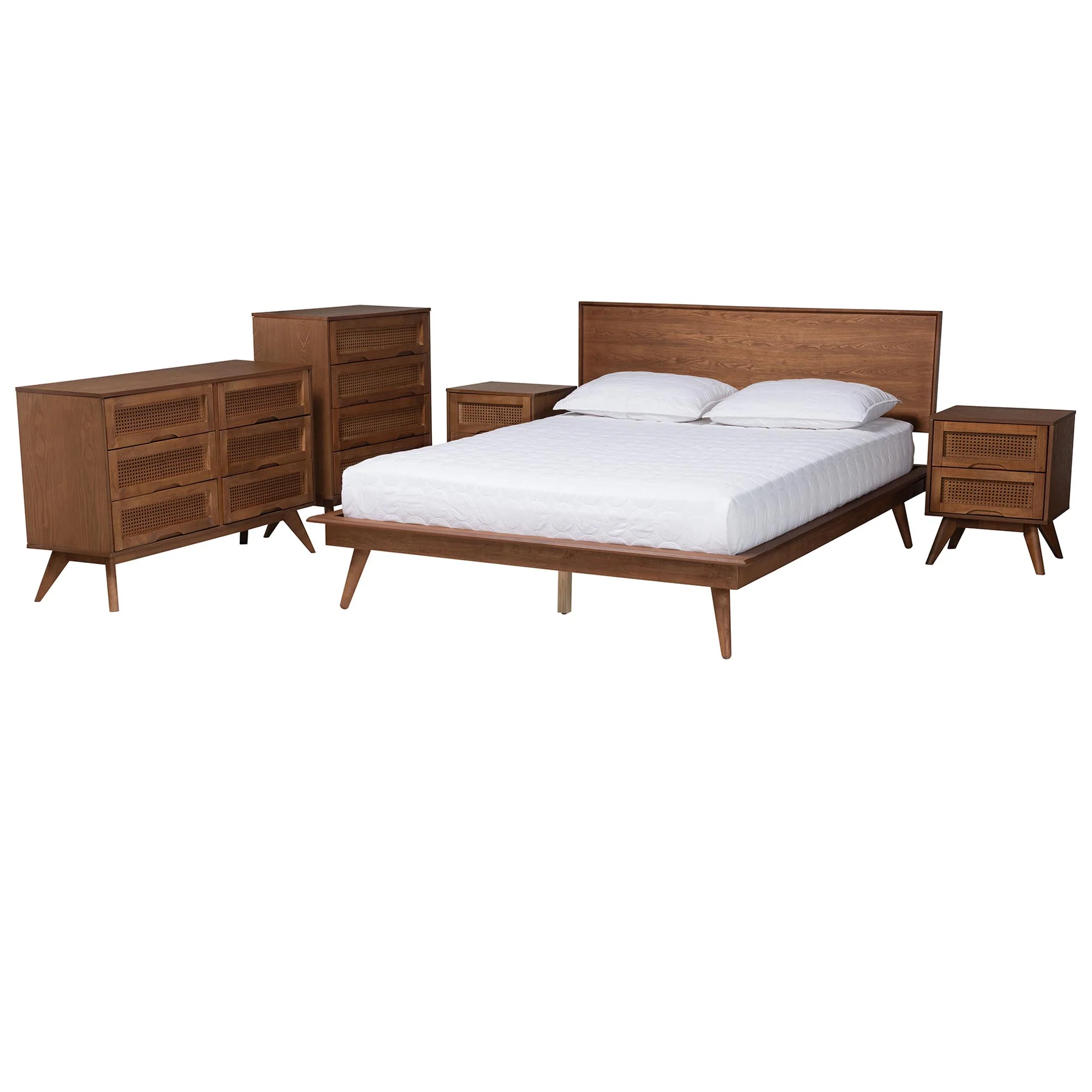 Baxton Studio Melora Mid-Century Modern Walnut Brown Finished Wood and Rattan Full Size 5-Piece Bedroom Set - Image 2