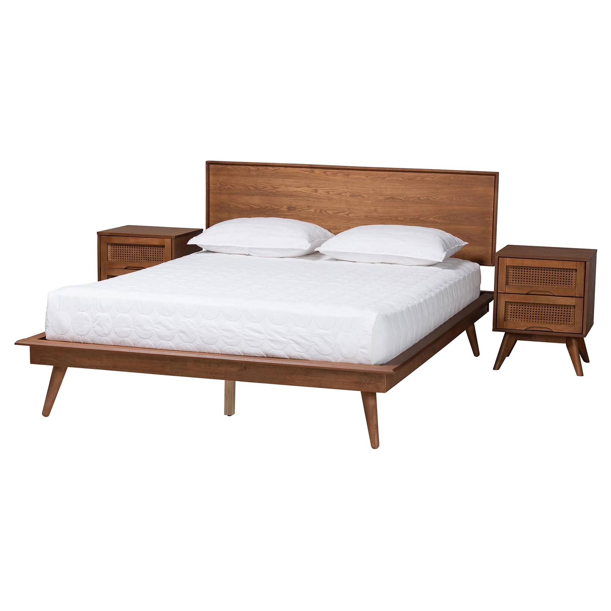 Baxton Studio Melora Mid-Century Modern Walnut Brown Finished Wood and Rattan King Size 3-Piece Bedroom Set - Image 5