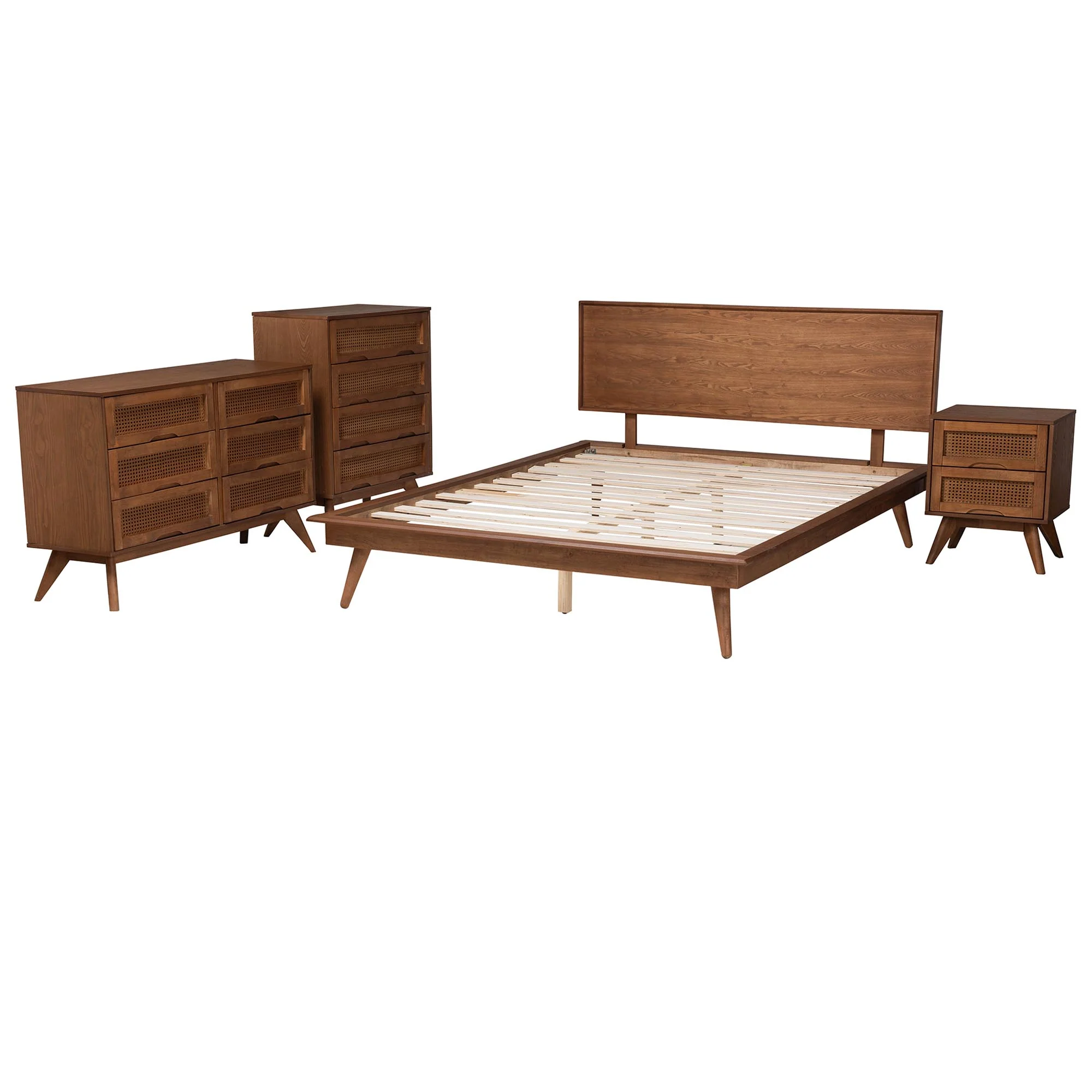 Baxton Studio Melora Mid-Century Modern Walnut Brown Finished Wood and Rattan King Size 4-Piece Bedroom Set - Image 7