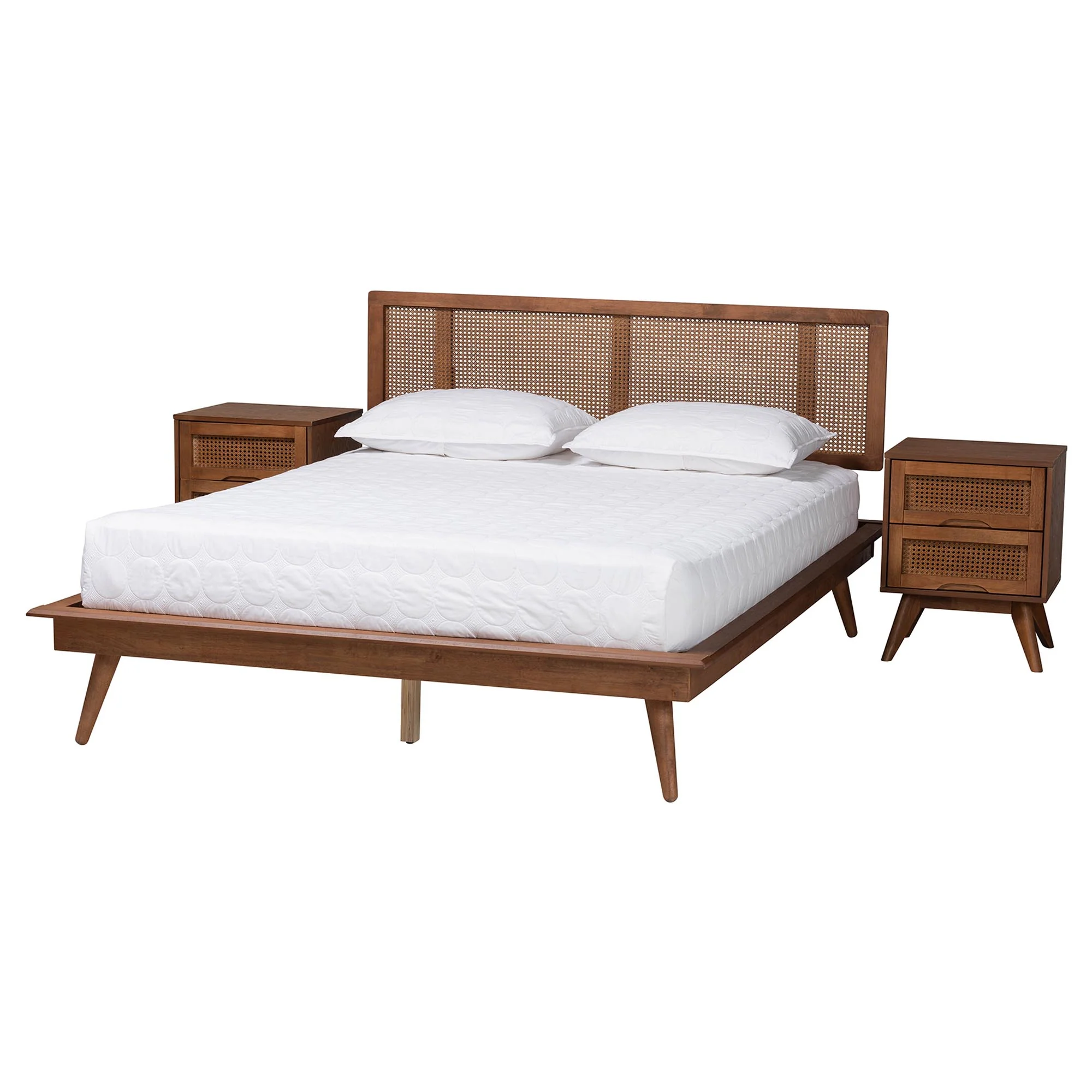 Baxton Studio Nura Mid-Century Modern Walnut Brown Finished Wood and Rattan Full Size 3-Piece Bedroom Set - Image 5