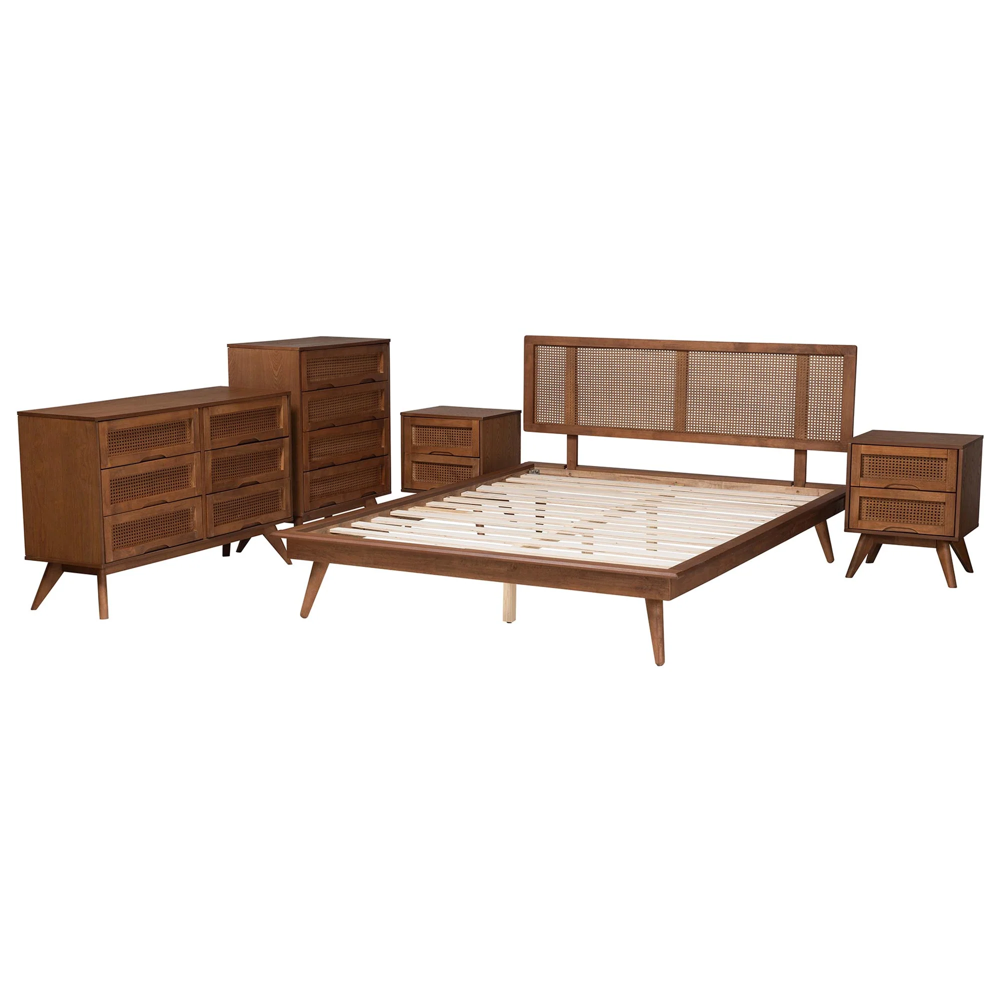 Baxton Studio Nura Mid-Century Modern Walnut Brown Finished Wood and Rattan Full Size 5-Piece Bedroom Set - Image 7