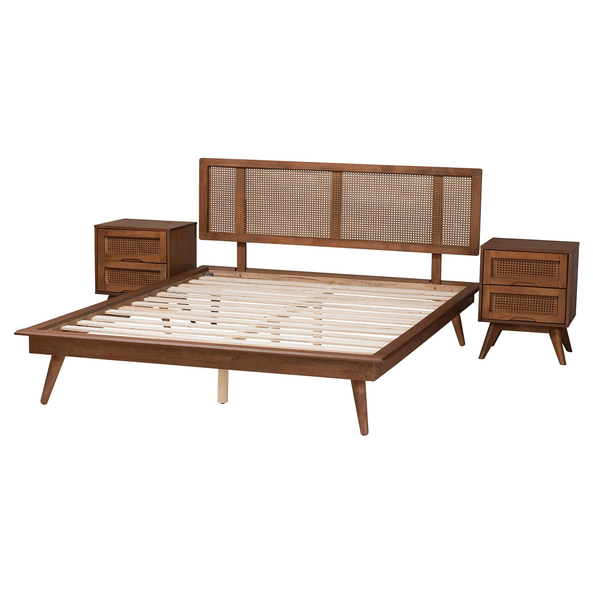 Baxton Studio Nura Mid-Century Modern Walnut Brown Finished Wood and Rattan King Size 3-Piece Bedroom Set - Image 6