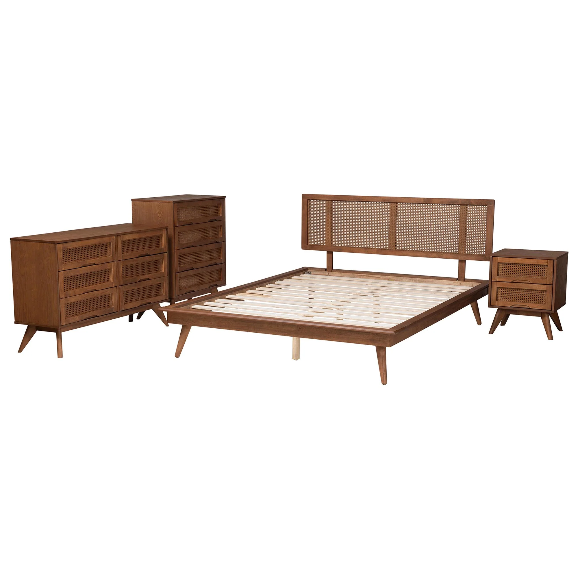Baxton Studio Nura Mid-Century Modern Walnut Brown Finished Wood and Rattan Queen Size 4-Piece Bedroom Set - Image 7